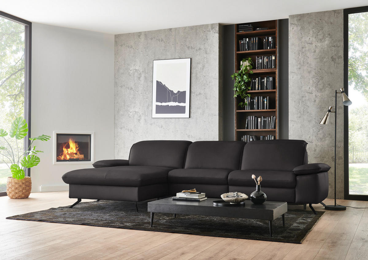 ECKSOFA  Echtleder Schwarzbraun  - Schwarzbraun/Schwarz, Design, Leder/Metall (169/307cm) - Beldomo Premium