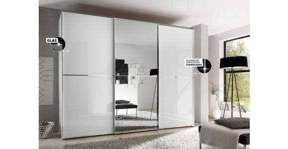 SCHWEBETÜRENSCHRANK 298/240/68 cm 3-türig Weiß  - Chromfarben/Weiß, Design, Glas/Holzwerkstoff (298/240/68cm) - Moderano