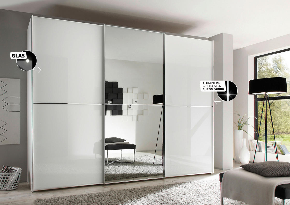 SCHWEBETÜRENSCHRANK  in Weiß  - Chromfarben/Weiß, Design, Glas/Holzwerkstoff (280/222/68cm) - Moderano