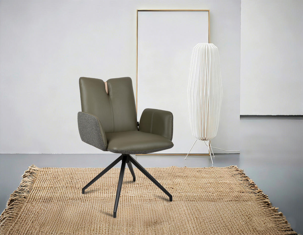 ARMLEHNSTUHL  Sitzfläche 360° drehbar, automatische Rückholfunktion Bouclé Echtleder  - Schwarz/Grün, Design, Leder/Holz (62/87/63cm) - Valnatura