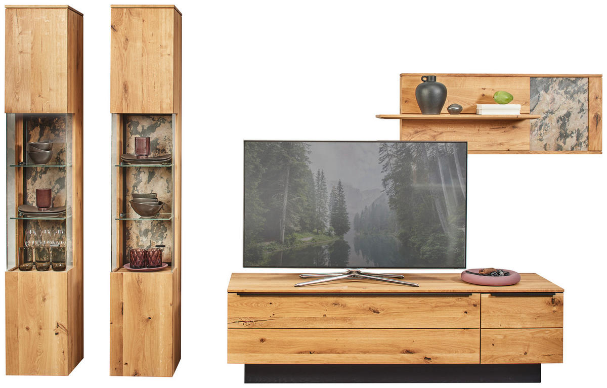 WOHNWAND  in Eichefarben  298/205,7/53,7 cm  - Eichefarben/Schwarz, Natur, Glas/Holz (298/205,7/53,7cm) - Valnatura