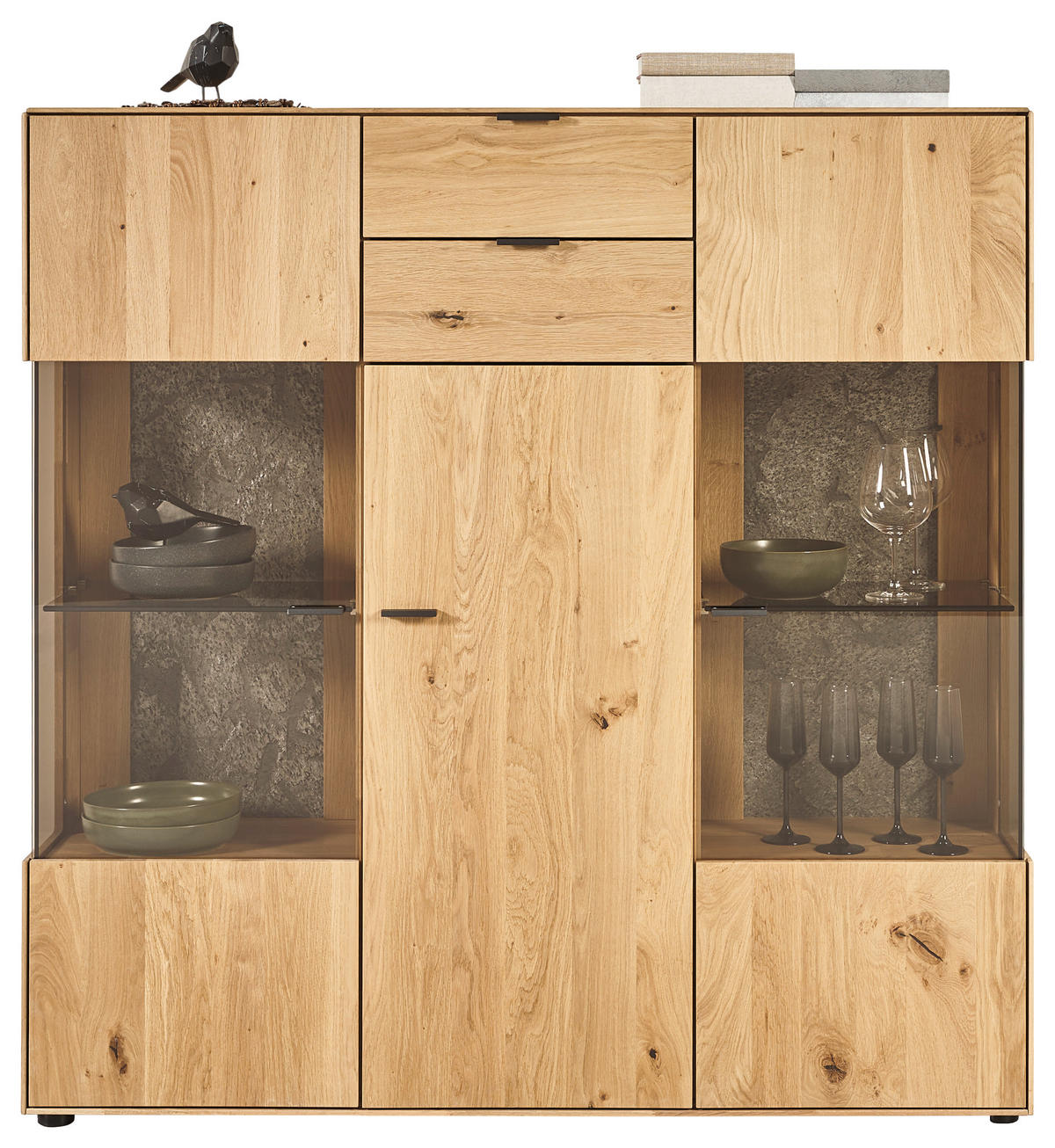 HIGHBOARD Wildeiche  136,9/138,3/37,1 cm  - Wildeiche/Schwarz, Natur, Glas/Holz (136,9/138,3/37,1cm) - Valnatura