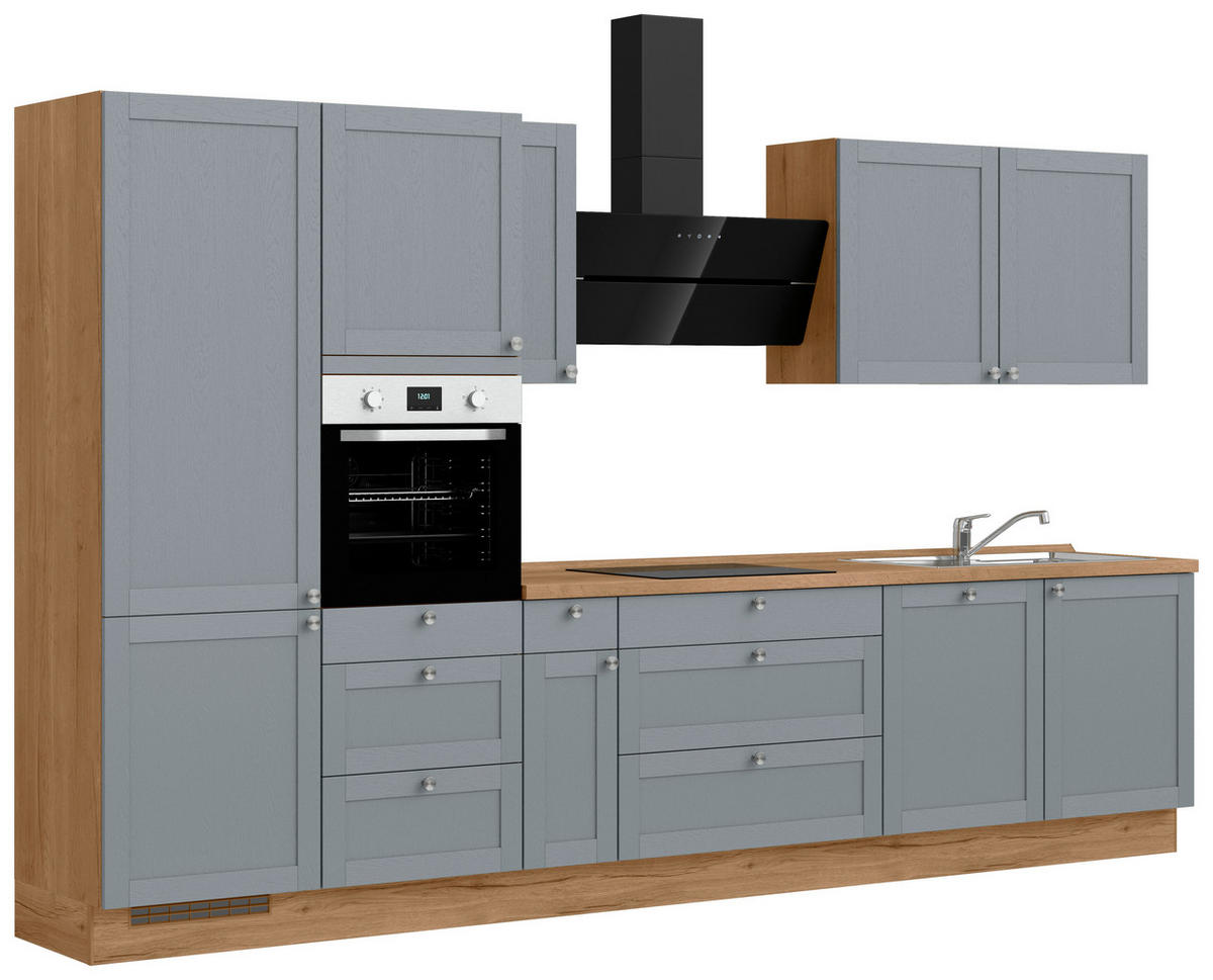 KÜCHENBLOCK Frame 360 cm  in Eichefarben, Blaugrau  - Edelstahlfarben/Eichefarben, MODERN, Holzwerkstoff/Metall (360cm) - Nobilia