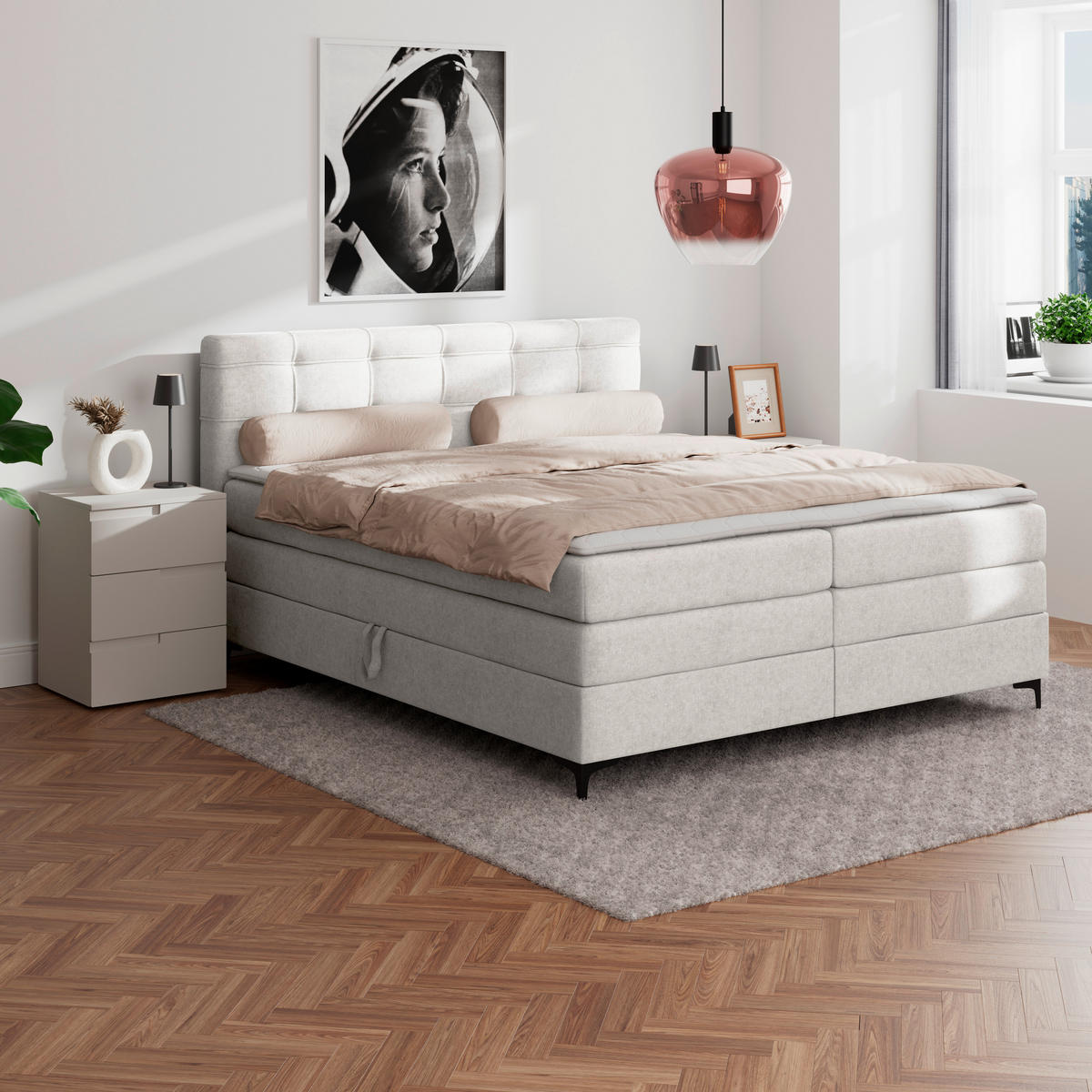 BOXSPRINGBETT 200/200 cm,  in Beige, H3 = fest  - Beige/Schwarz, KONVENTIONELL, Kunststoff/Textil (200/200cm)