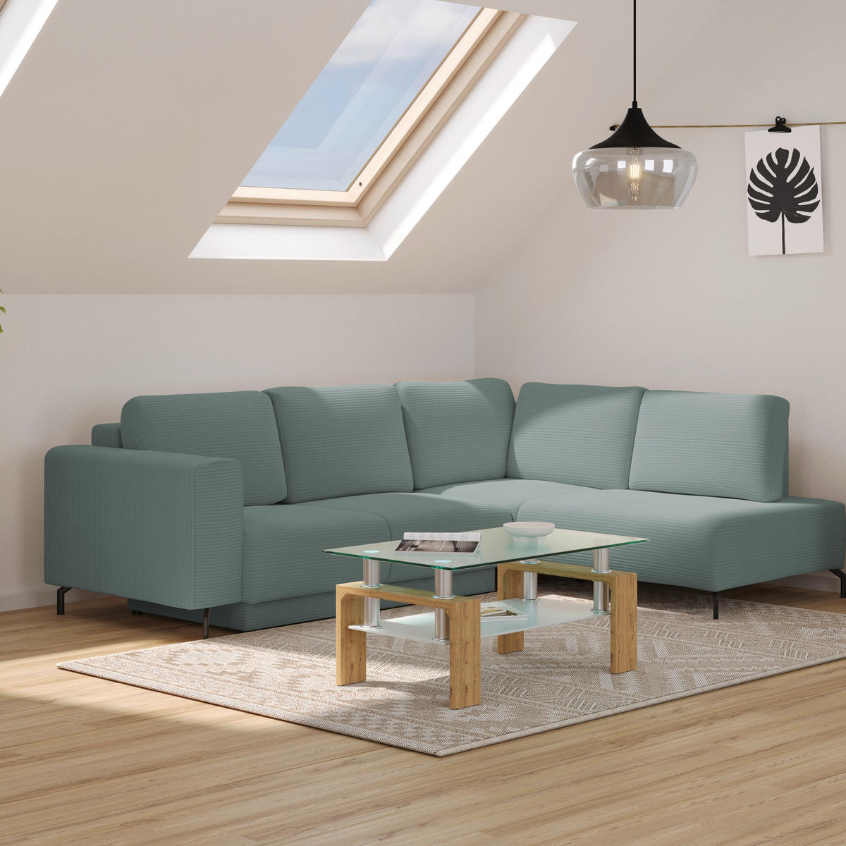 ECKSOFA Graugrün Cord  - Schwarz/Graugrün, MODERN, Textil (272/210cm) - P & B