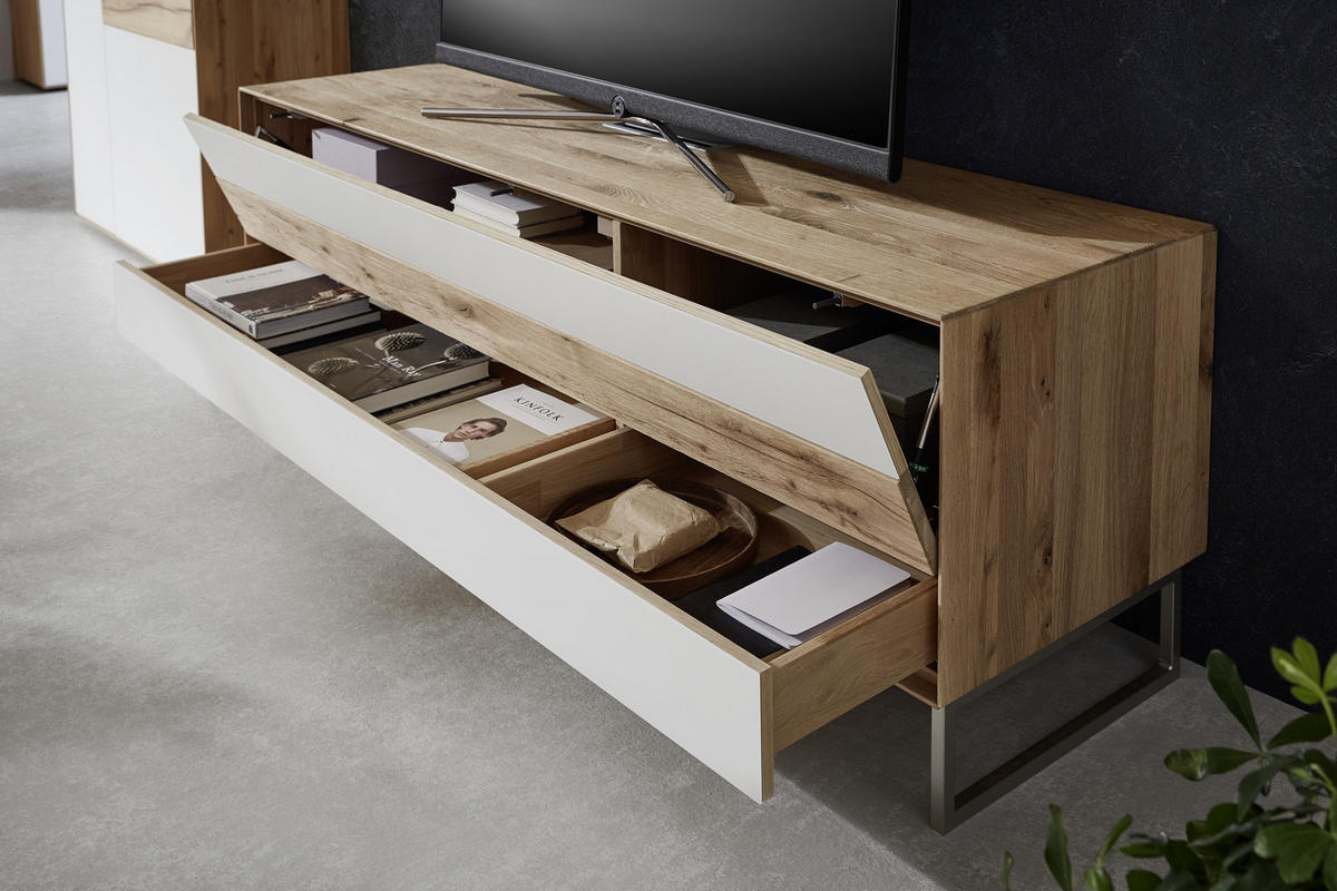 WOHNWAND  in Weiss, Eichefarben 341/205,5/54,2 cm  - Weiss/Eichefarben, Design, Glas/Holz (341/205,5/54,2cm) - Valnatura