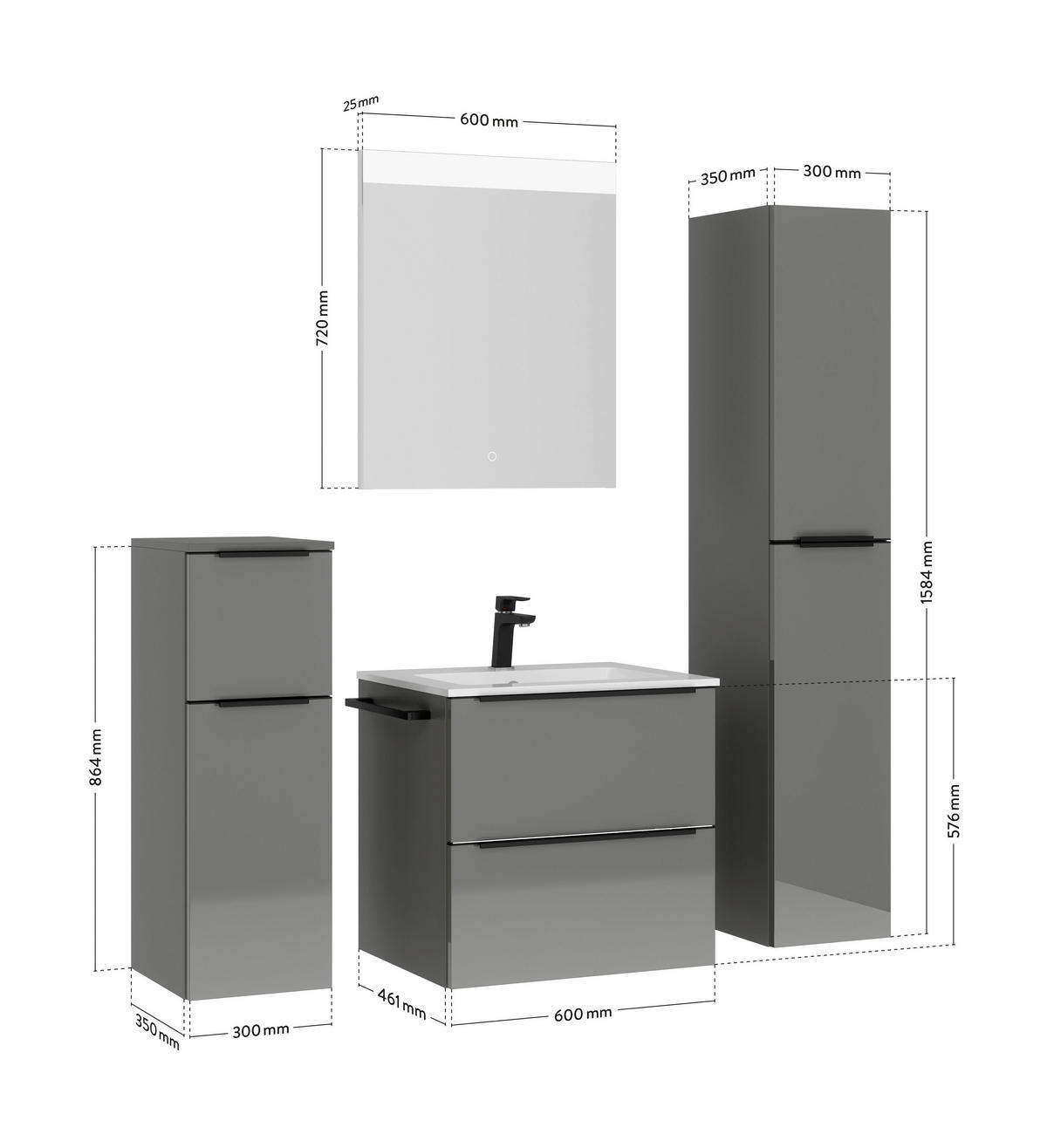 BADEZIMMER  in 61 cm  - Schieferfarben/Schwarz, MODERN, Holzwerkstoff/Stein (61cm) - Nobilia