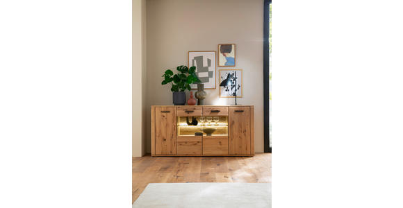 SIDEBOARD Asteiche, Balkeneiche furniert, massiv Eichefarben Einlegeböden  - Eichefarben/Anthrazit, KONVENTIONELL, Glas/Holz (179/90/44cm) - Cantus