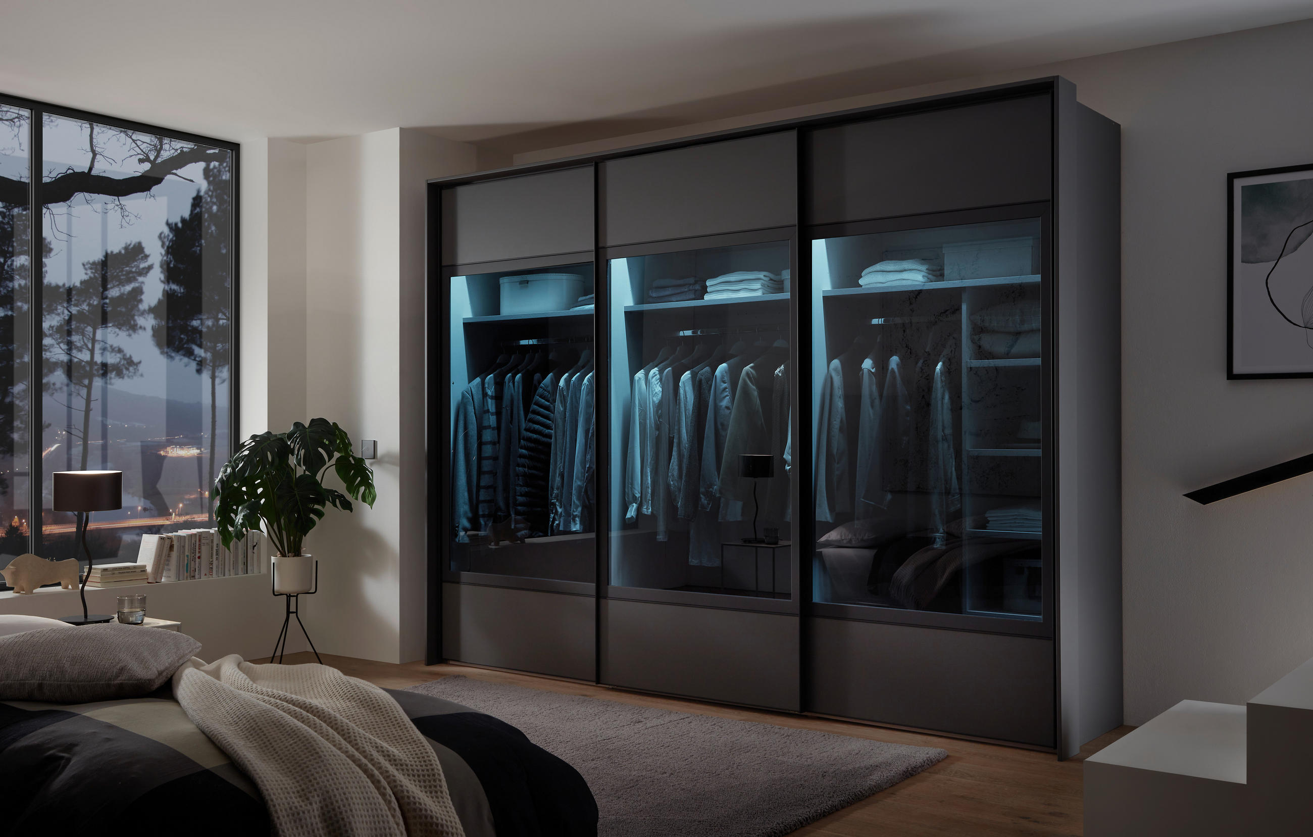 SCHWEBETÜRENSCHRANK in Anthrazit  - Anthrazit/Schwarz, Design, Glas/Holzwerkstoff (298/222/68cm) - Moderano