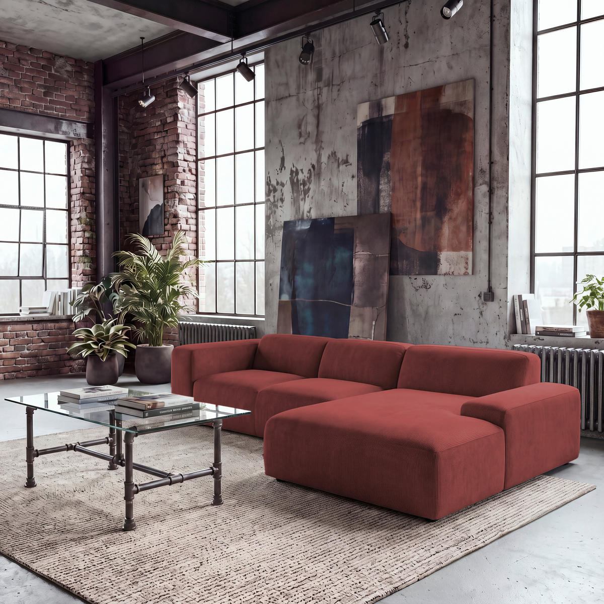 ECKSOFA HANNAH Rot Cord  - Rot/Schwarz, Design, Kunststoff/Textil (304/200cm) - MID.YOU