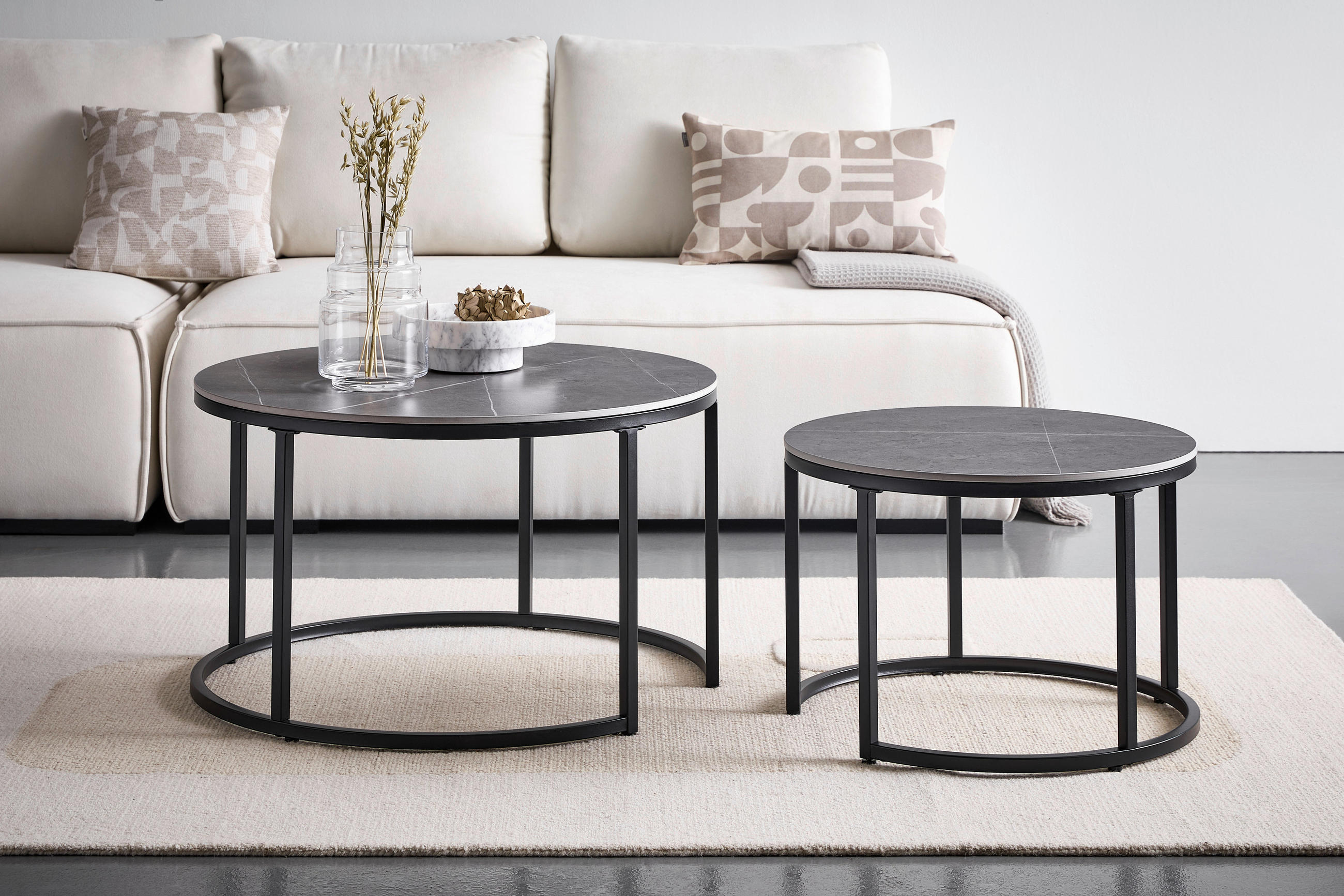 COUCHTISCHSET 80/60/46/40/80/60 cm rund Grau, Schwarz  - Schwarz/Grau, Design, Keramik/Metall (80/60/46/40/80/60cm) - Livetastic
