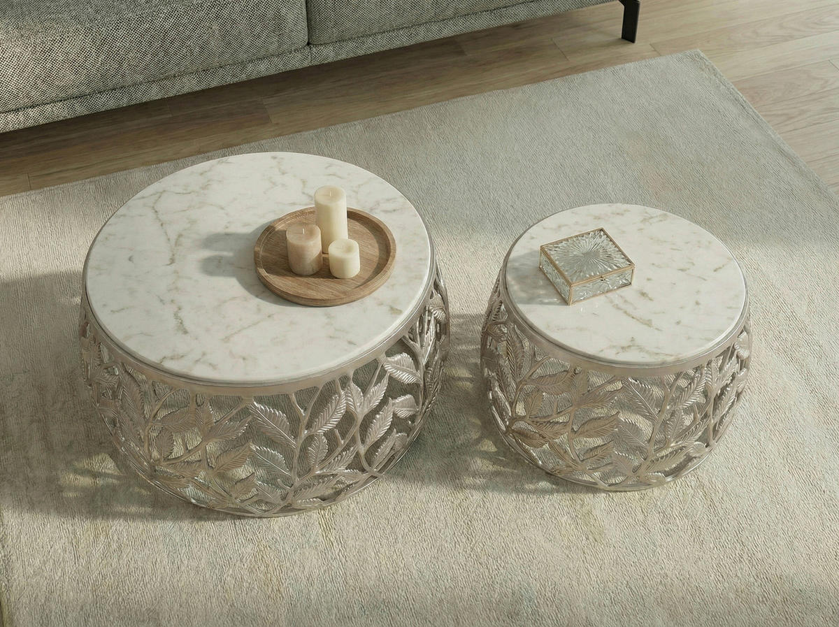 Set De Măsuțe Suprapuse din piatră, 60/60/33 cm - argintiu/alb, Design, metal/piatră (60/60/33cm) - MID.YOU