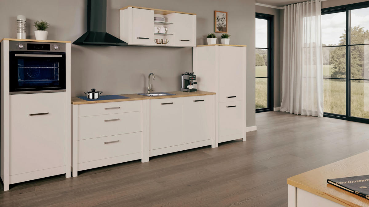 KÜCHENLEERBLOCK 370 cm   in Kaschmir, Eiche Artisan  - Kaschmir/Silberfarben, MODERN, Glas/Holzwerkstoff (370cm) - home24