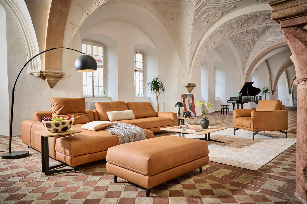 ECKSOFA in Echtleder Hellbraun  - Hellbraun/Anthrazit, Design, Leder/Metall (225/355cm) - Johann Jakob