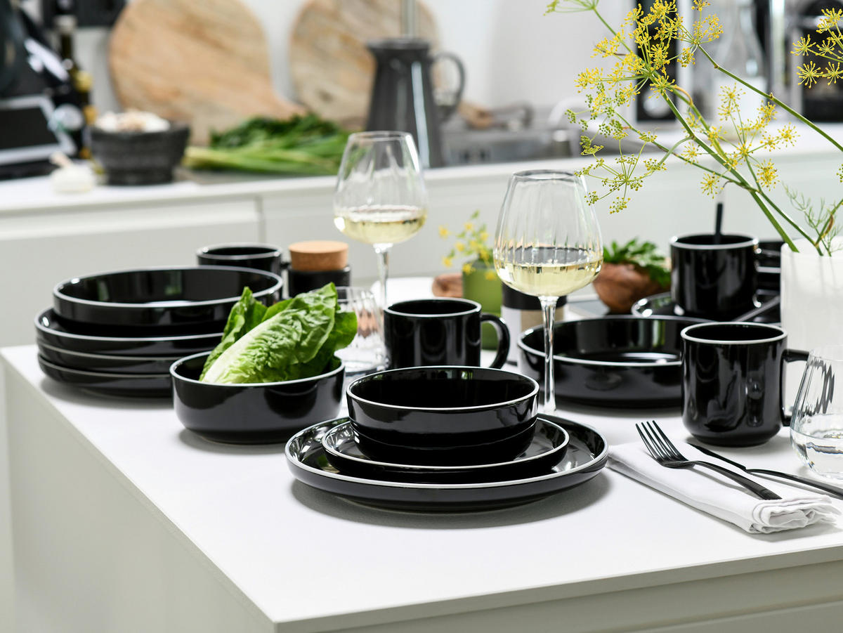 KOMBISERVICE Weiß, Schwarz Hochglanz Nordic Gourmet Schwarz 16-teilig 4 Personen  - Schwarz Hochglanz/Weiß, Basics, Keramik - Creatable