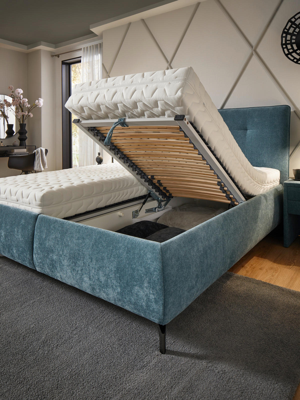 POLSTERBETT 180/200 cm, inkl. Bettkasten, Lattenroste, Matratzen,  in Blau  - Blau/Anthrazit, Design, Holz/Textil (180/200cm) - Voleo
