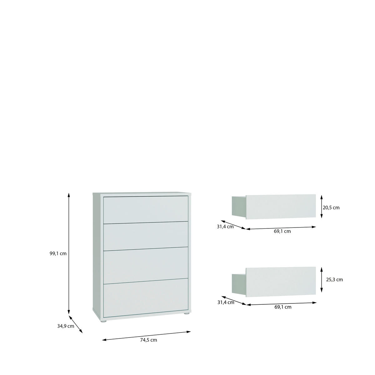 KOMMODE , 75/99/35 cm, 4 Schublade(n)  - Silberfarben/Hellgrau, Trend, Holzwerkstoff/Kunststoff (75/99/35cm) - Carryhome