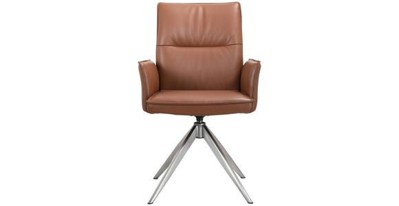 ARMLEHNSTUHL in Edelstahl Echtleder pigmentiert - Edelstahlfarben/Cognac, Design, Leder/Metall (57/92/63,5cm) - Novel