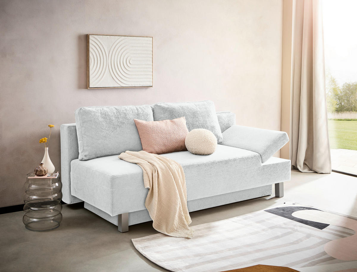 SCHLAFSOFA  mit Stoffauswahl, Schlafen auf Sitzhöhe, Armteil rechts Flachgewebe Creme  - Chromfarben/Creme, Design, Holz/Textil (205/77-93/99cm) - Novel