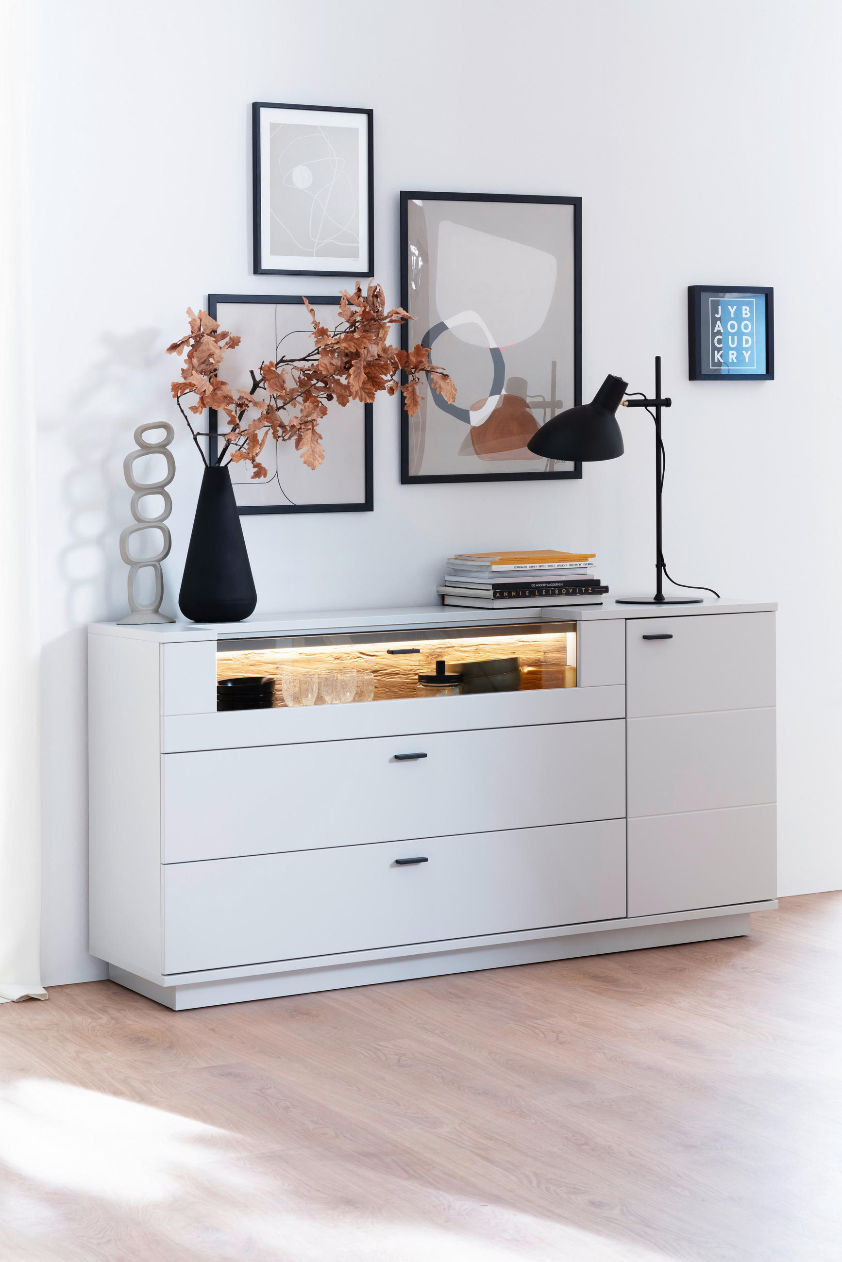 SIDEBOARD Weiß, Eichefarben  165/84/44 cm  - Eichefarben/Anthrazit, Design, Glas/Holzwerkstoff (165/84/44cm) - Stylife