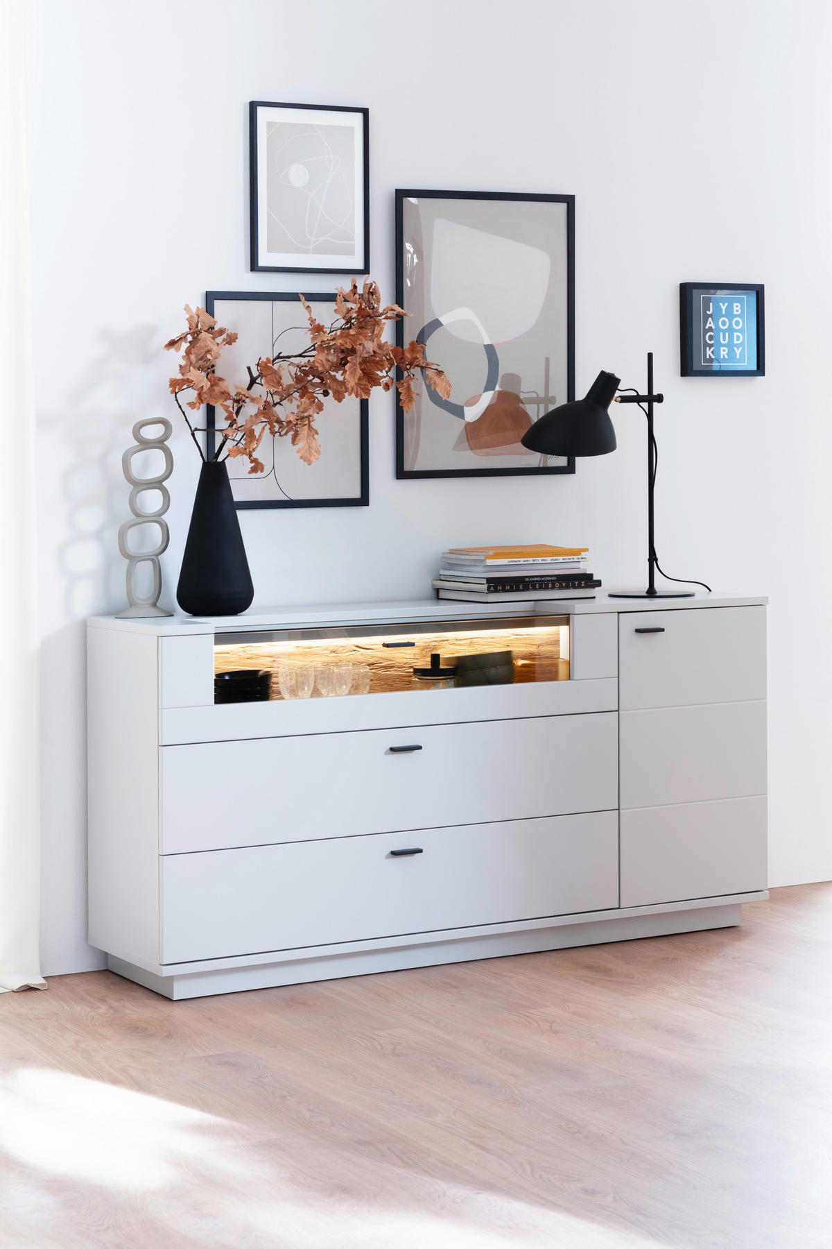 SIDEBOARD Weiss, Eichefarben  165/84/44 cm  - Weiss/Eichefarben, Design, Glas/Holzwerkstoff (165/84/44cm) - Stylife