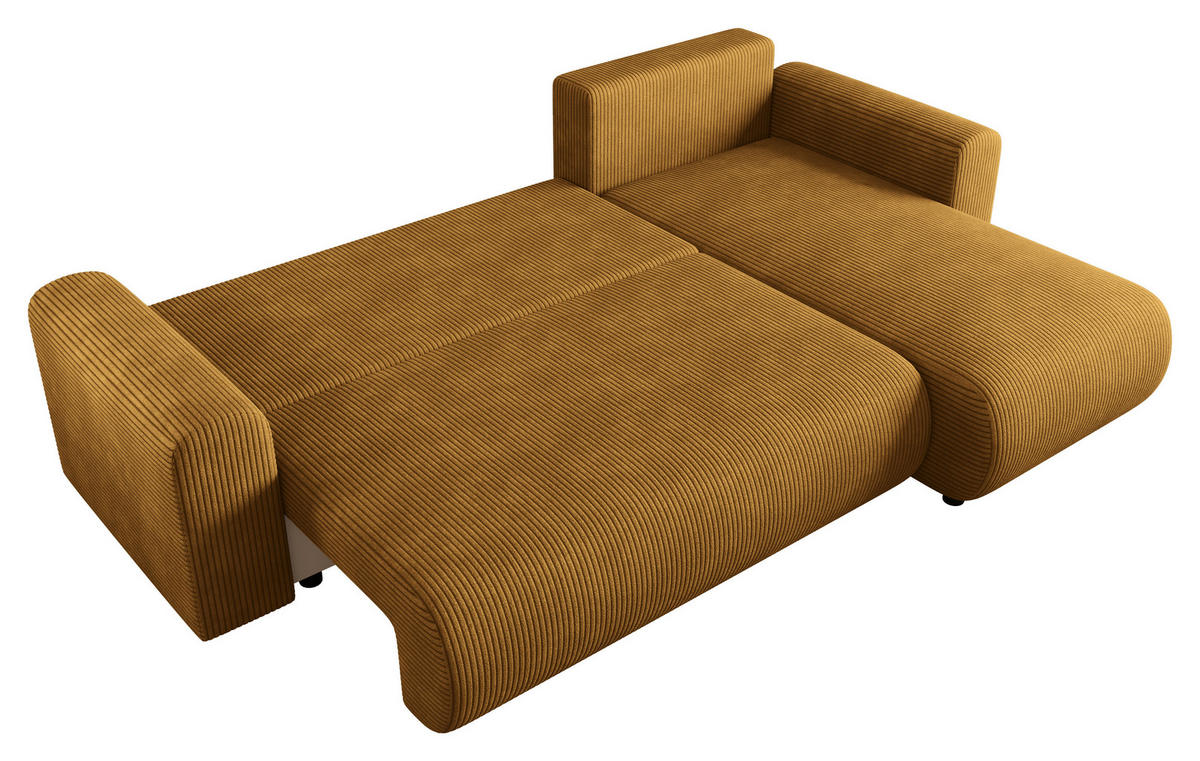 ECKSOFA Senfgelb Cord Zierkissen, Rückenkissen, Schlaffunktion, Rücken echt, Stauraum, Liegefläche im Originalstoff  - Senfgelb/Schwarz, KONVENTIONELL, Kunststoff/Textil (246/152cm) - Xora