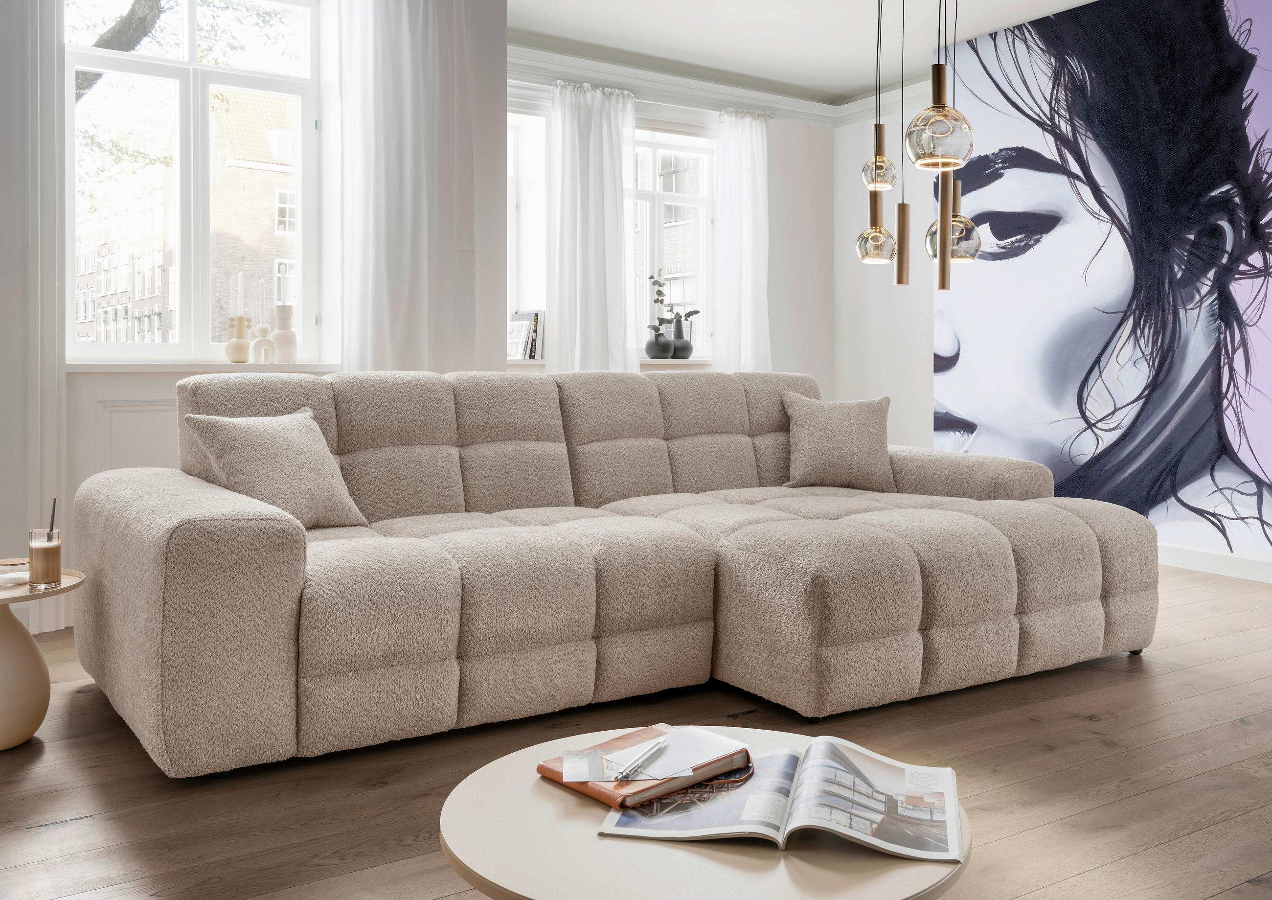 ECKSOFA in Bouclé Beige  - Beige/Schwarz, Modern, Kunststoff/Textil (301/152cm) - Livetastic