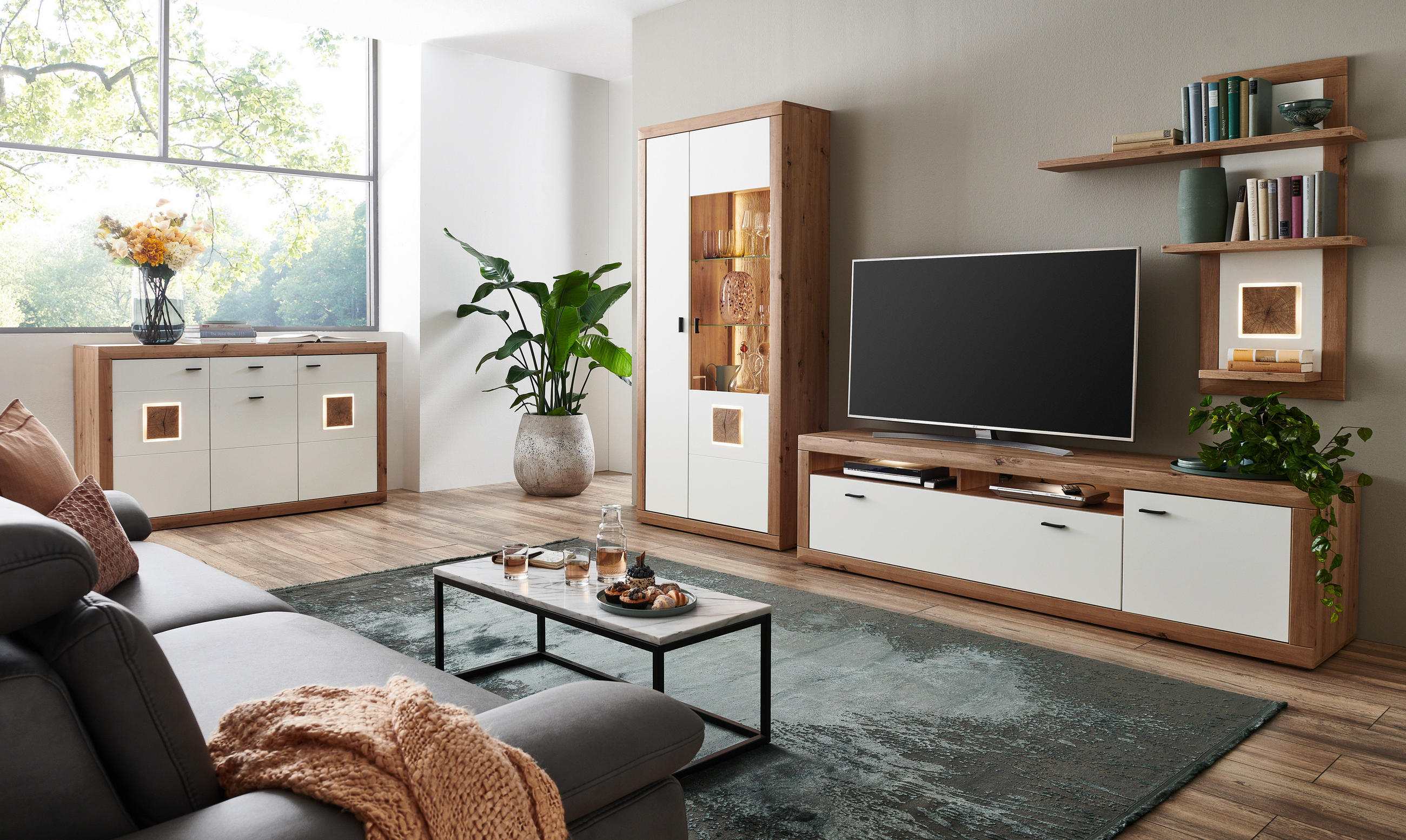 Stylife WOHNWAND Weiß, Eiche Artisan 295cm × 50cm × 206cm