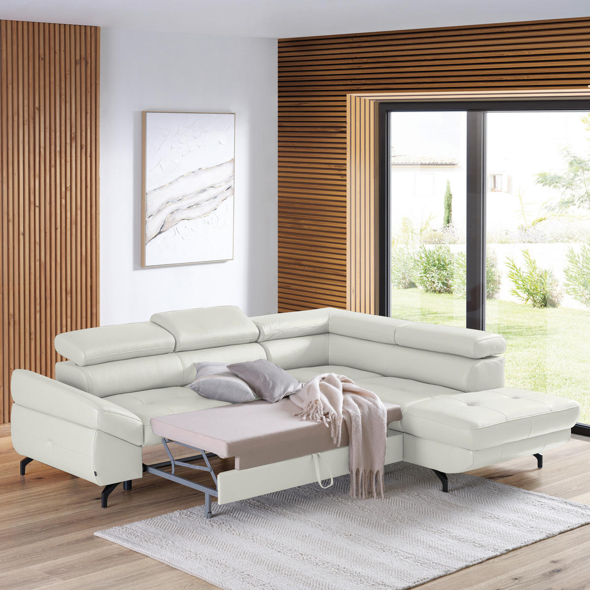ECKSOFA in Echtleder Weiss  - Weiss/Schwarz, Design, Leder/Metall (270/220cm) - Novel