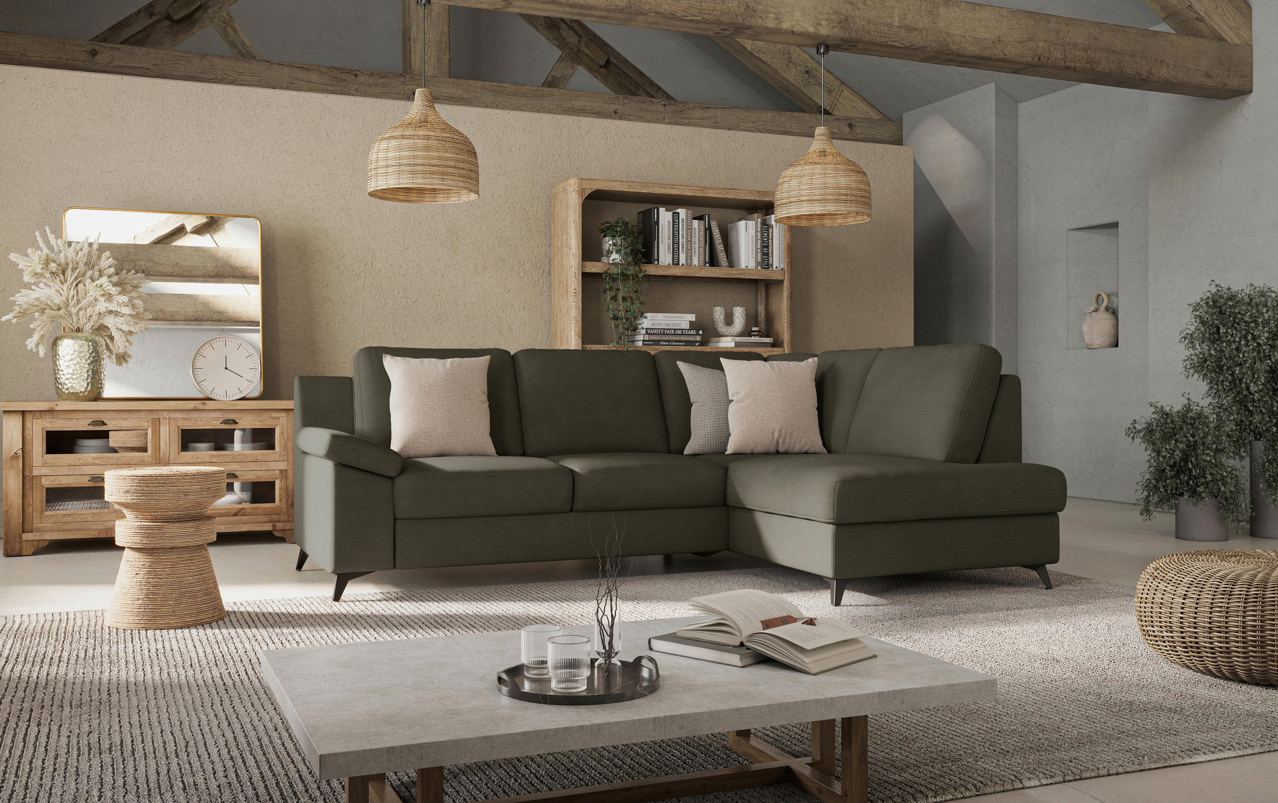 ECKSOFA in Flachgewebe Dunkelgrün  - Dunkelgrün/Schwarz, Konventionell, Textil/Metall (242/170cm) - Cotta