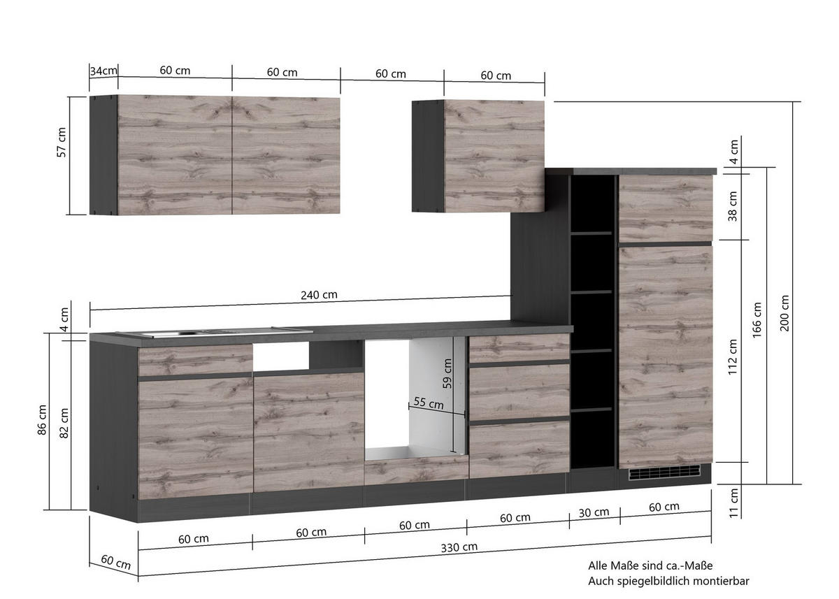 KÜCHENLEERBLOCK 330 cm   in Grau, Eiche Wotan  - Eiche Wotan/Grau, Design, Holzwerkstoff (330cm) - Held