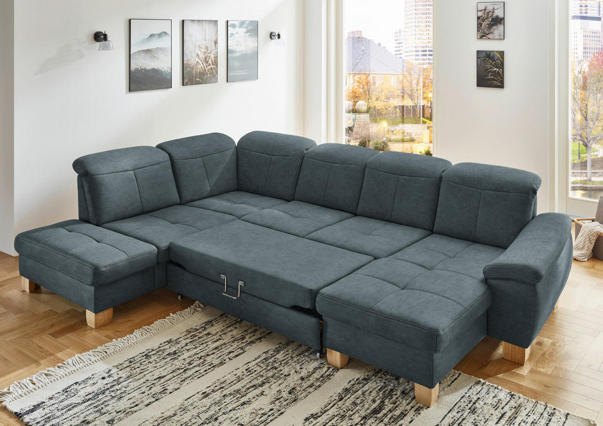 WOHNLANDSCHAFT Blau Mikrofaser  - Wildeiche/Blau, KONVENTIONELL, Holz/Textil (243/343/185cm) - Voleo