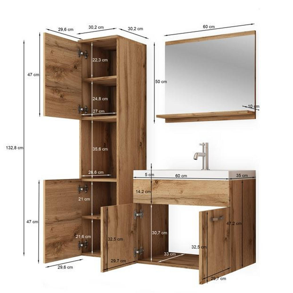 Thumbnail - P & B Badezimmer, Kastanieneiche, Metall, 4-teilig, 2 Fächer, 5 Schubladen, 90 cm, Fsc, hängend, Spiegel mit Ablage, Bad...
