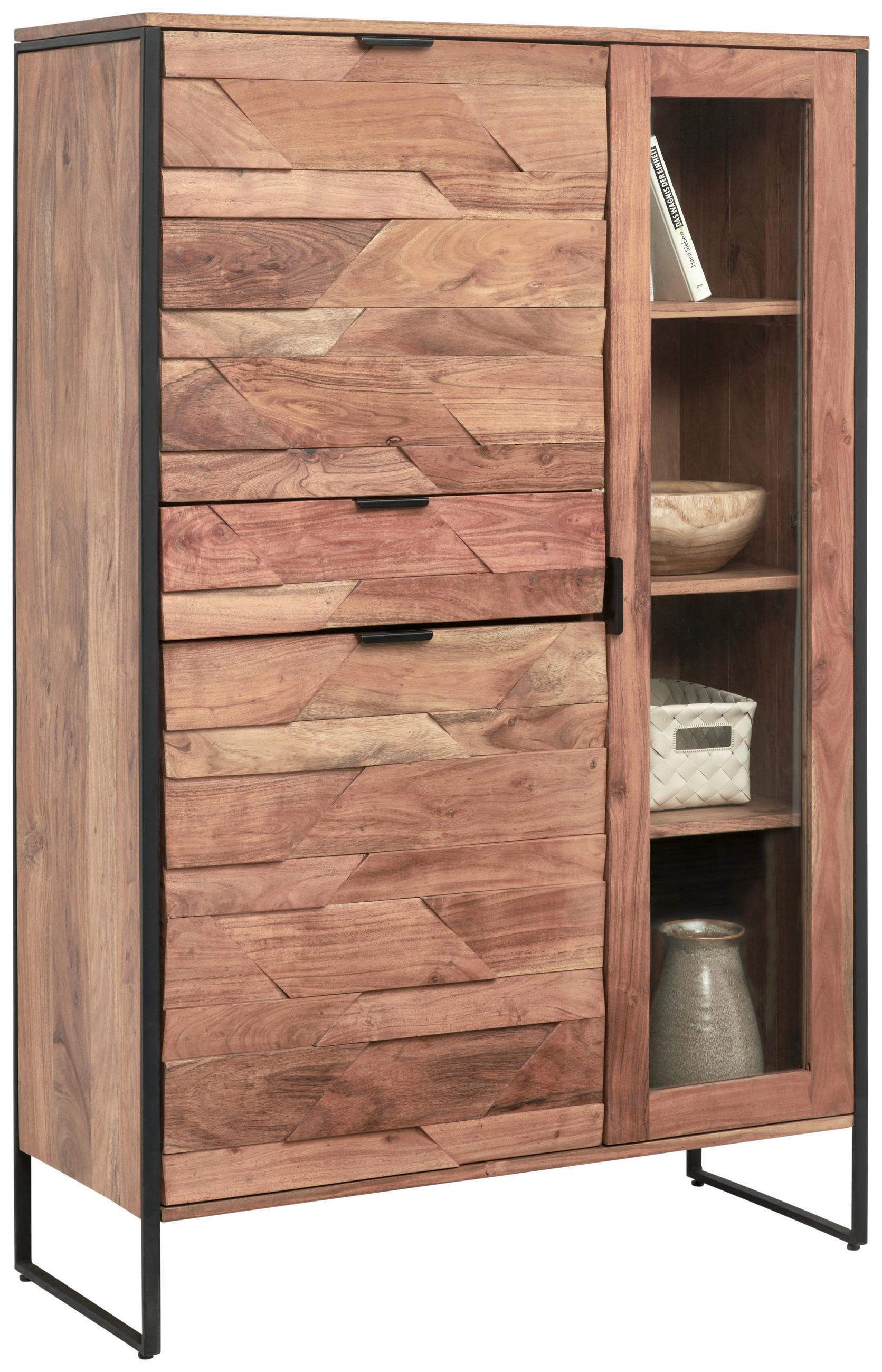 HIGHBOARD , 95/148/40 cm, 1 Schublade(n)  - Schwarz/Akaziefarben, Trend, Glas/Holz (95/148/40cm) - Ambia Home