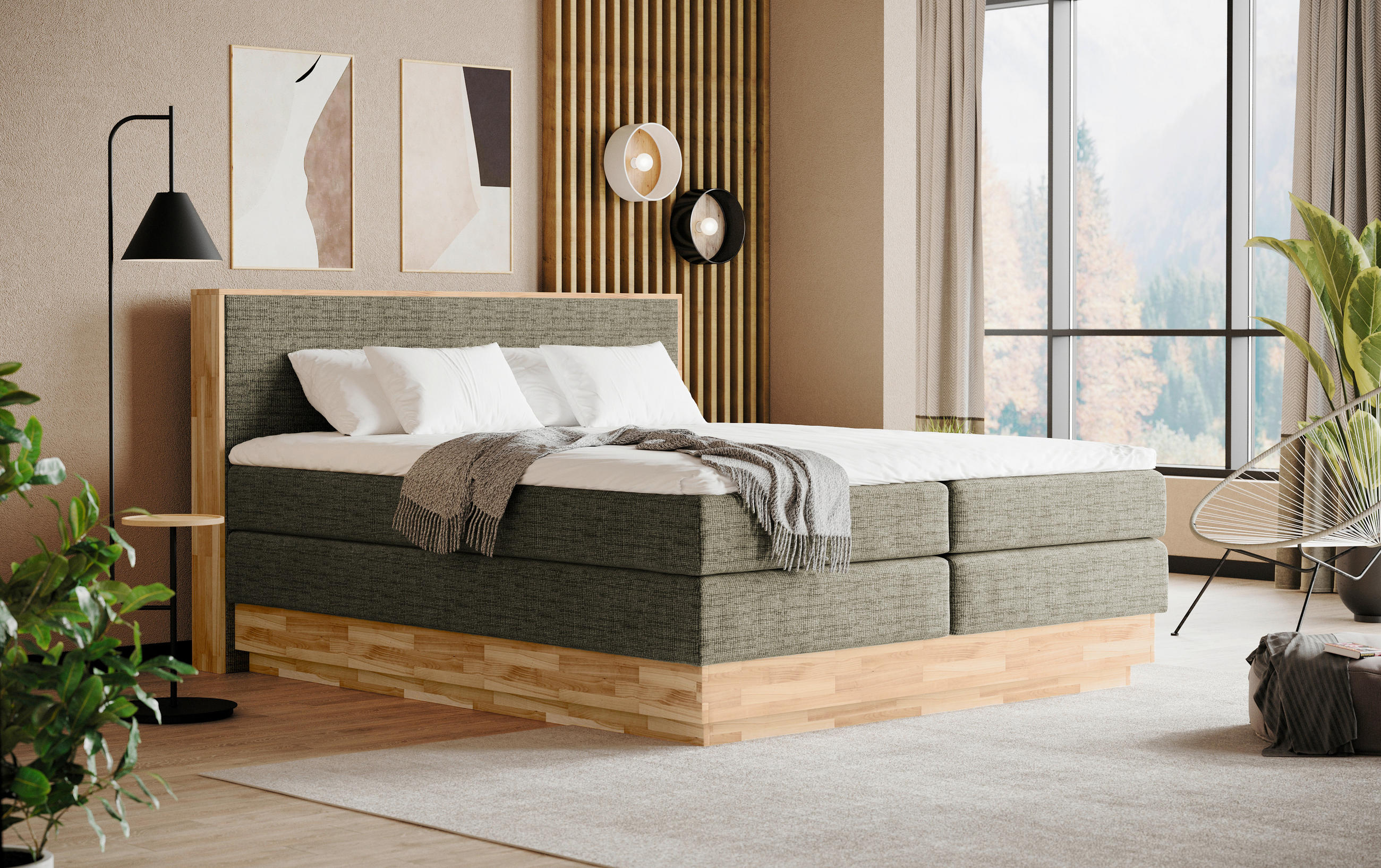 BOXSPRINGBETT 160/200 cm,  in Eichefarben, Dunkelgrün, Matratze, gepolstertes Kopfteil, Bettkasten, Topper, H2 + H3 = mittel + fest  - Dunkelgrün/Eichefarben, MODERN, Holz/Kunststoff (160/200cm) - Livetastic