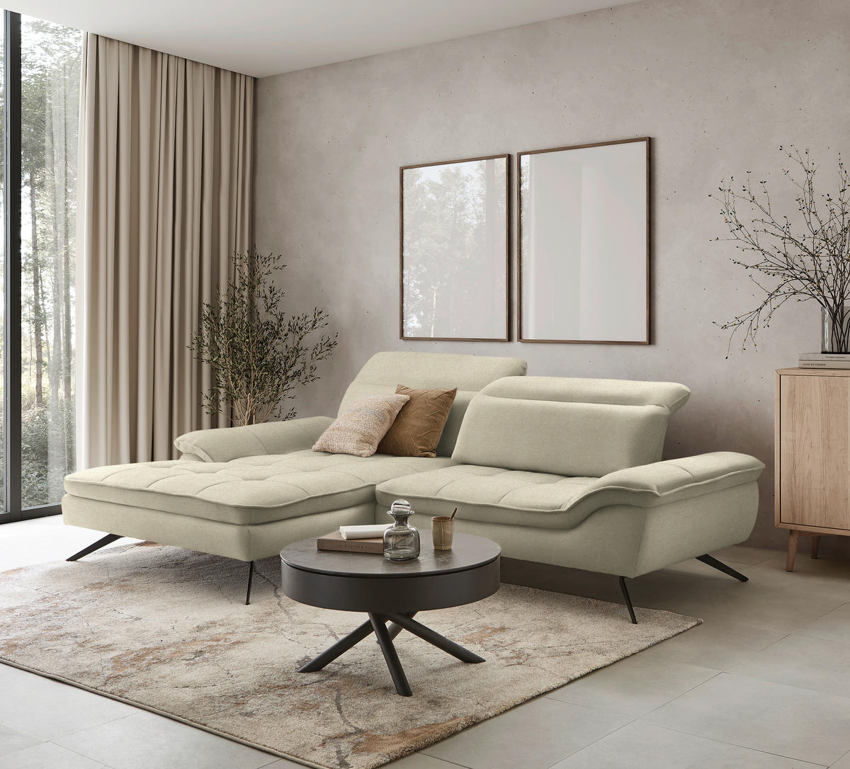 ECKSOFA in Webstoff Creme  179-202/288 cm  - Creme/Schwarz, Design, Textil/Metall (179-202/288cm) - Stylife