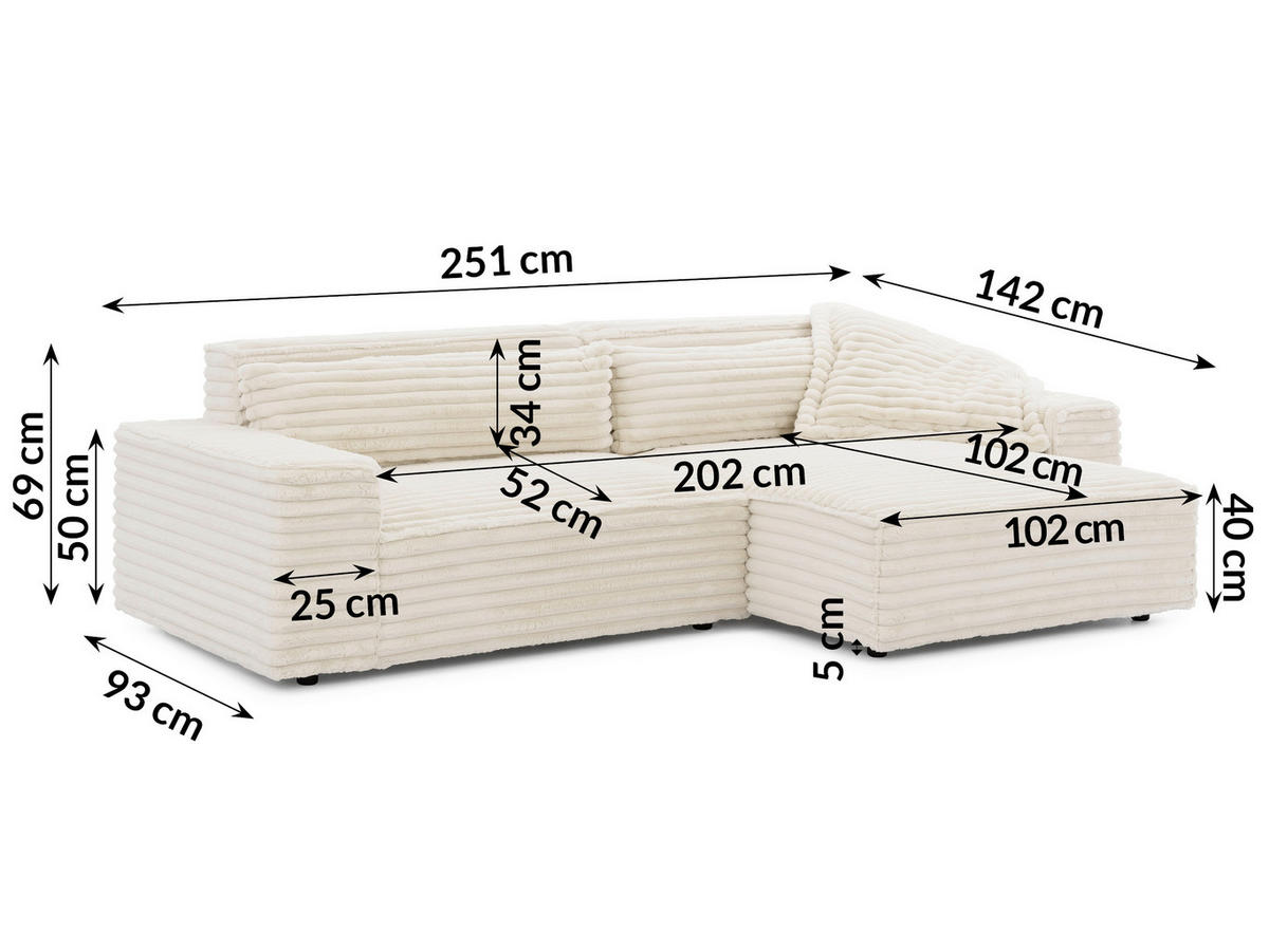 ECKSOFA Cord Beige  - Beige/Schwarz, Design, Kunststoff/Textil (251/142cm) - P & B