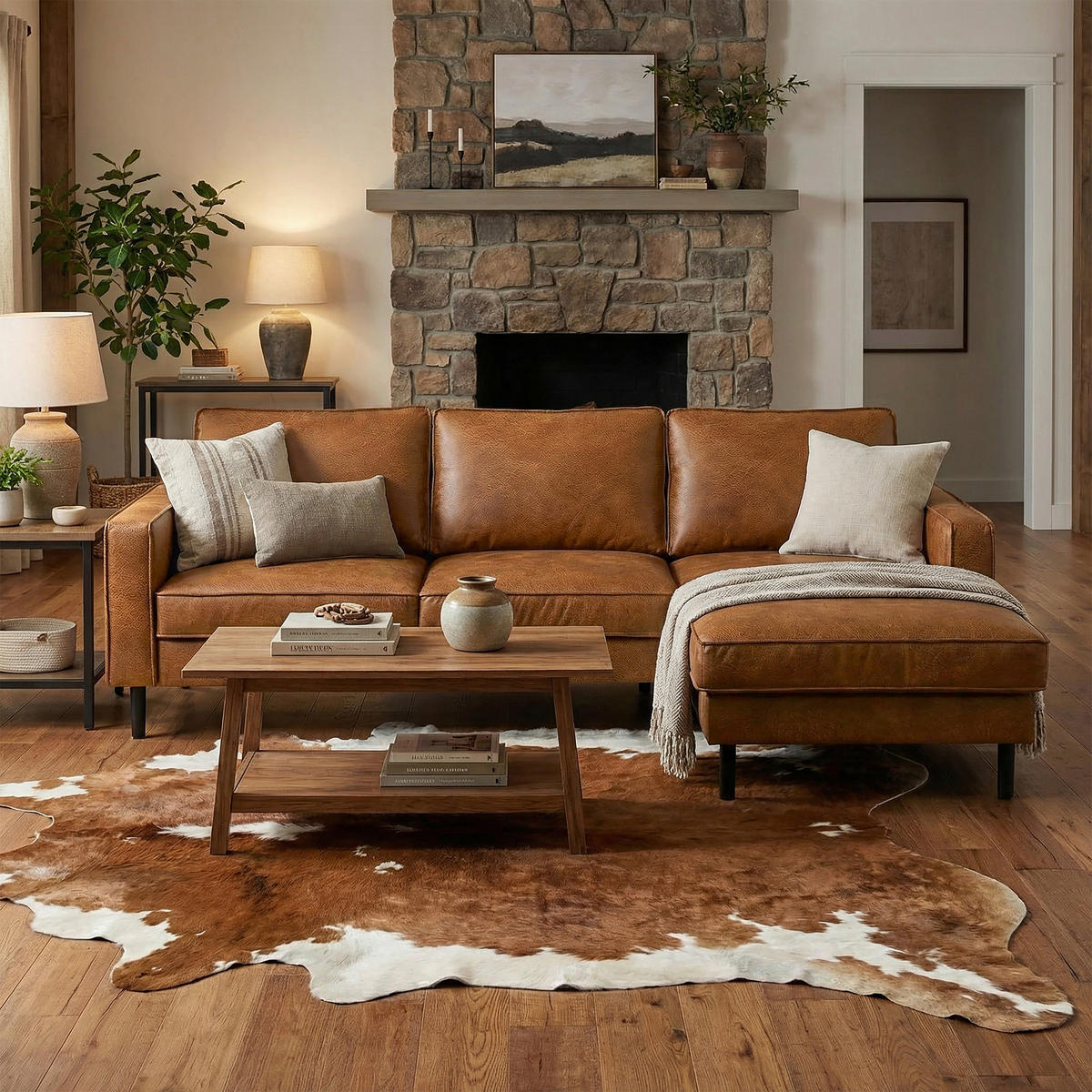 ECKSOFA  in Echtleder Cognac Rücken echt  238/166 cm  - Cognac/Schwarz, Design, Leder/Metall (238/166cm) - Livetastic