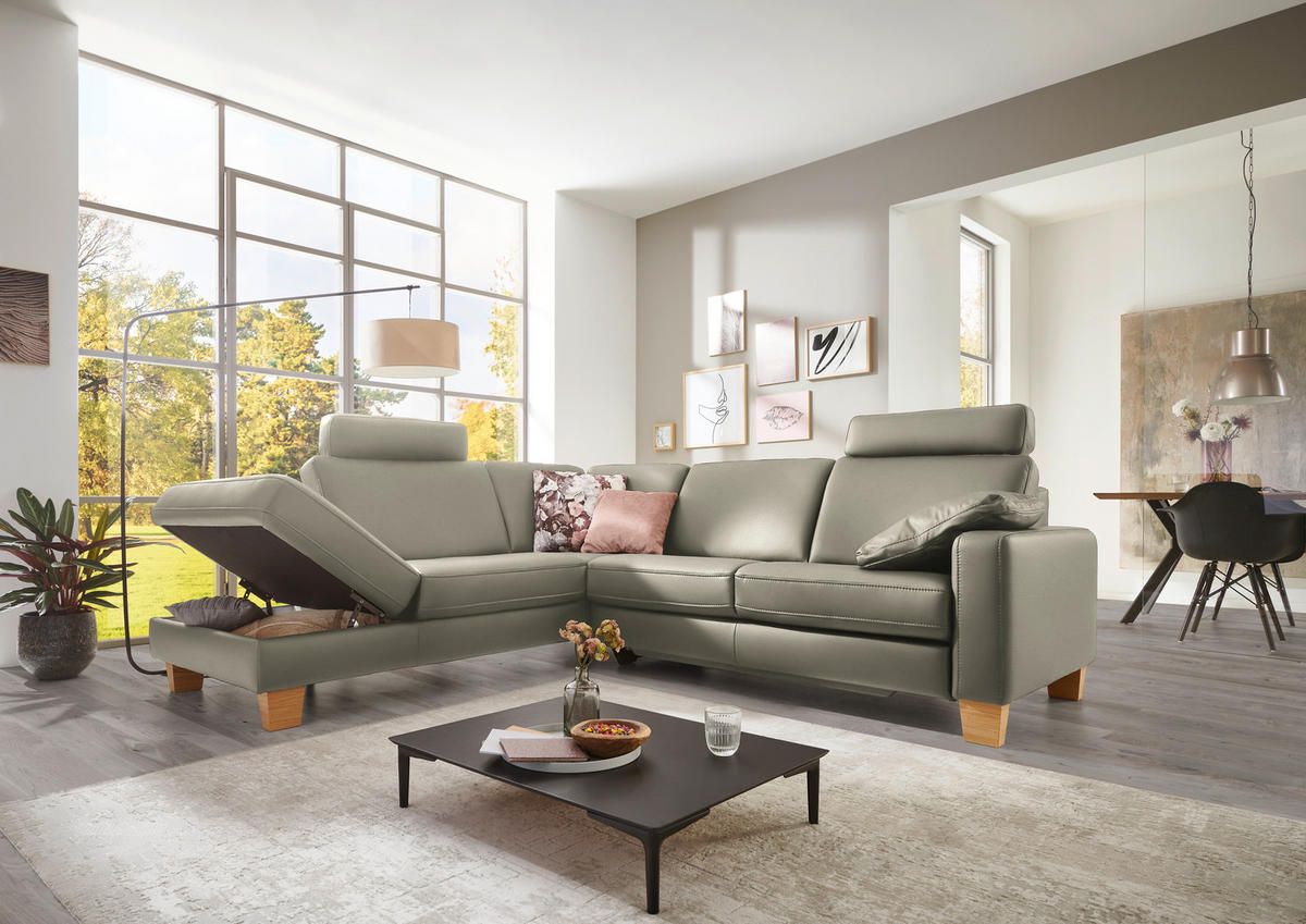 ECKSOFA in Echtleder Grau  - Eiche Bianco/Grau, Konventionell, Leder/Holz (235/257cm) - Valdera