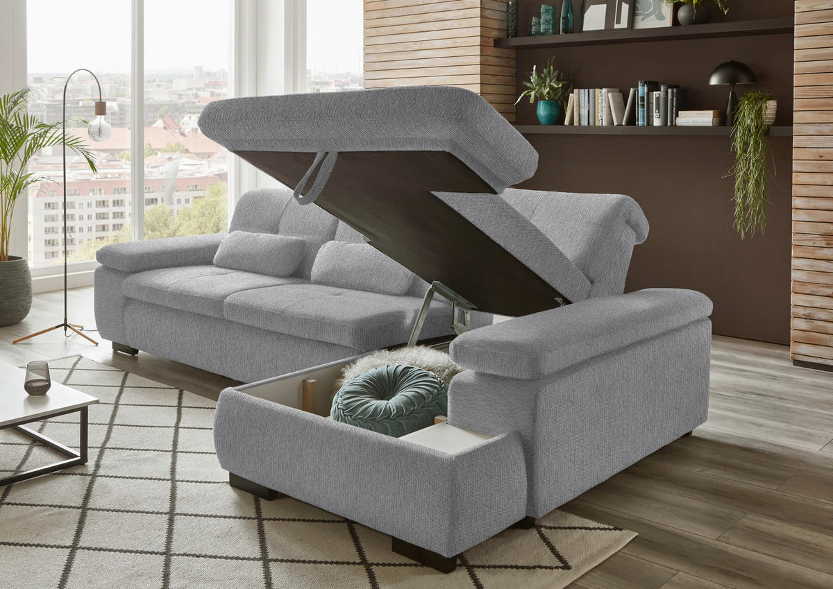 ECKSOFA in Flachgewebe Greige  - Greige/Schwarz, Design, Textil/Metall (297/174cm) - Beldomo Style
