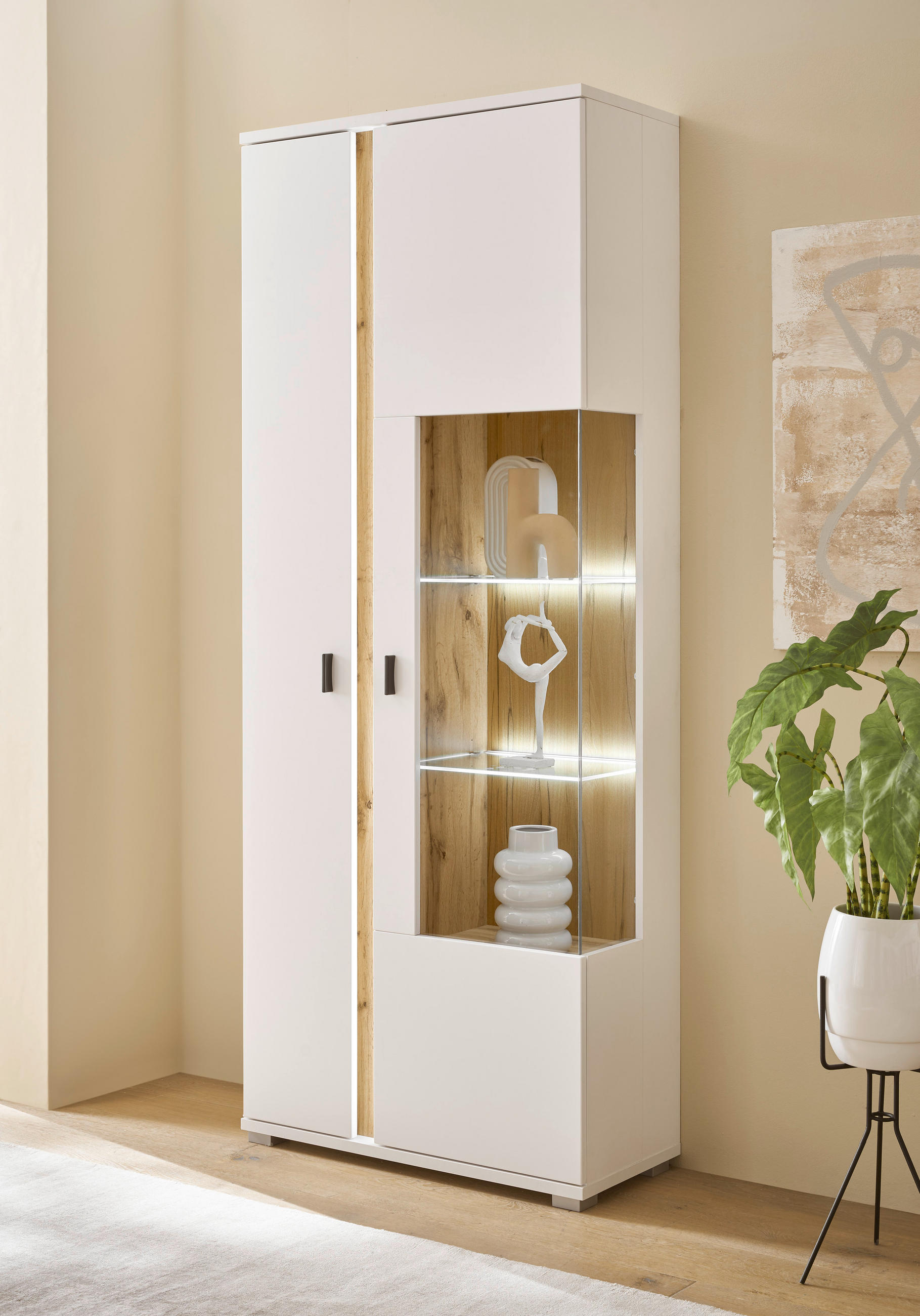 VITRINE in Weiß, Eiche Wotan  - Silberfarben/Eiche Wotan, Design, Glas/Holzwerkstoff (80/200/35cm) - MID.YOU
