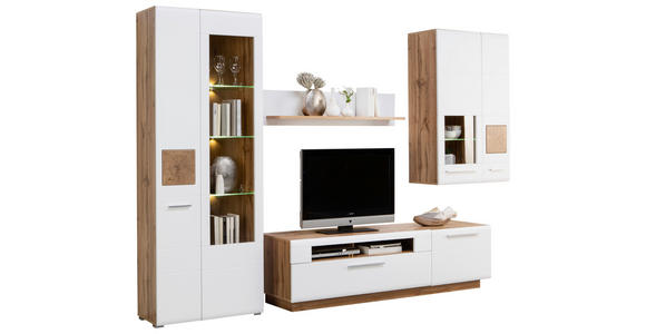 WOHNWAND  in Weiß, Eichefarben  300/202/46 cm  - Chromfarben/Eichefarben, KONVENTIONELL, Glas/Holzwerkstoff (300/202/46cm) - Hom`in
