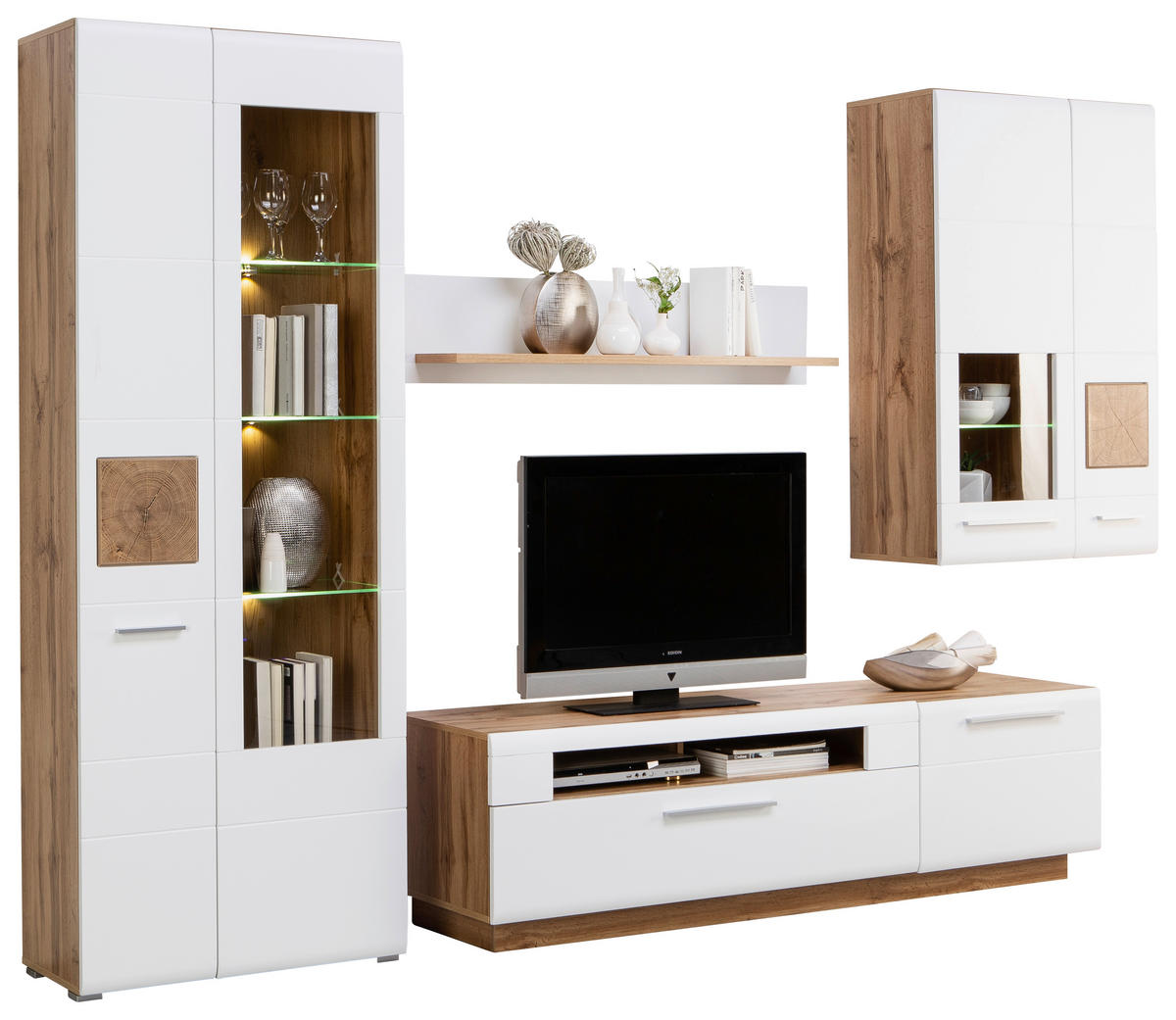 WOHNWAND  in Weiß, Eichefarben  300/202/46 cm  - Chromfarben/Eichefarben, KONVENTIONELL, Glas/Holzwerkstoff (300/202/46cm) - Hom`in