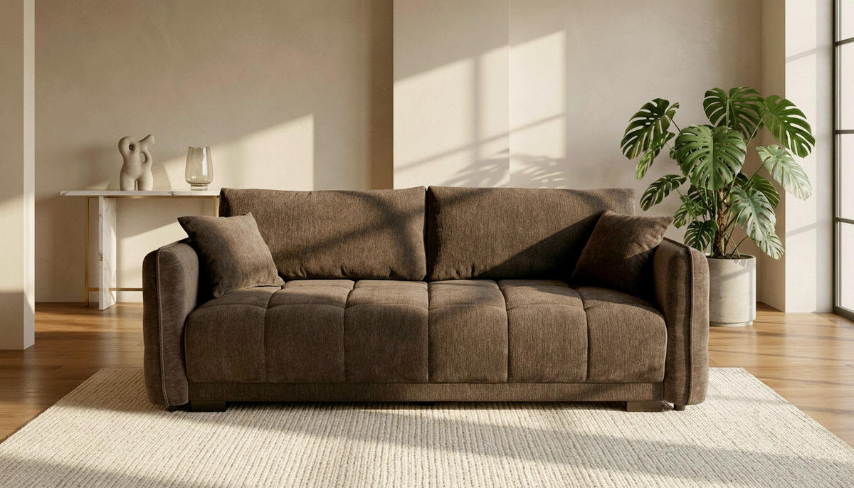BOXSPRINGSOFA Chenille Braun  inkl. Zierkissen, Rückenkissen, Bettkasten, Schlaffunktion  - Schwarz/Braun, KONVENTIONELL, Kunststoff/Textil (235/94/103cm) - Novel