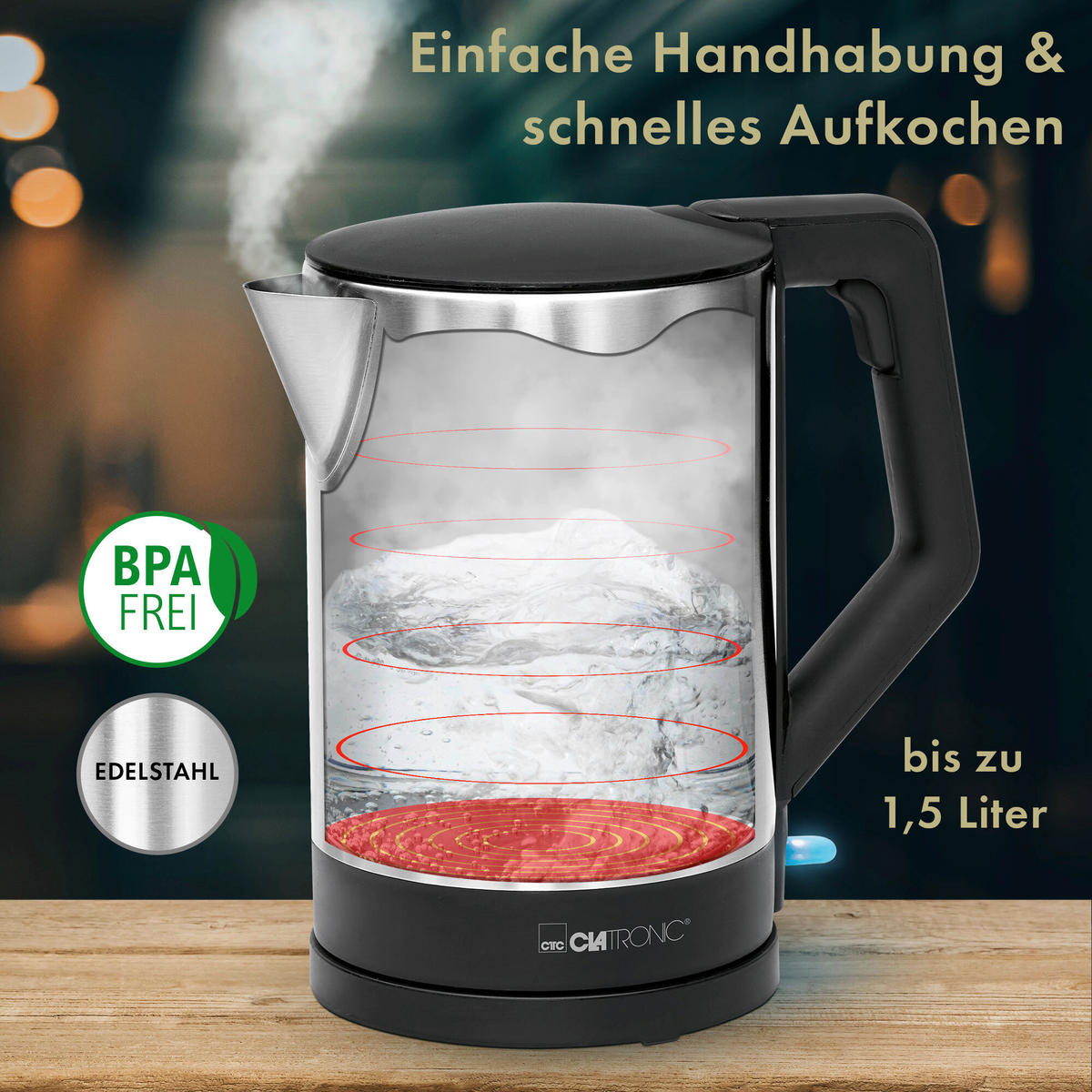 WASSERKOCHER 1,5 L  - Edelstahlfarben/Schwarz, Trend, Kunststoff/Metall (21/22/16cm) - Clatronic