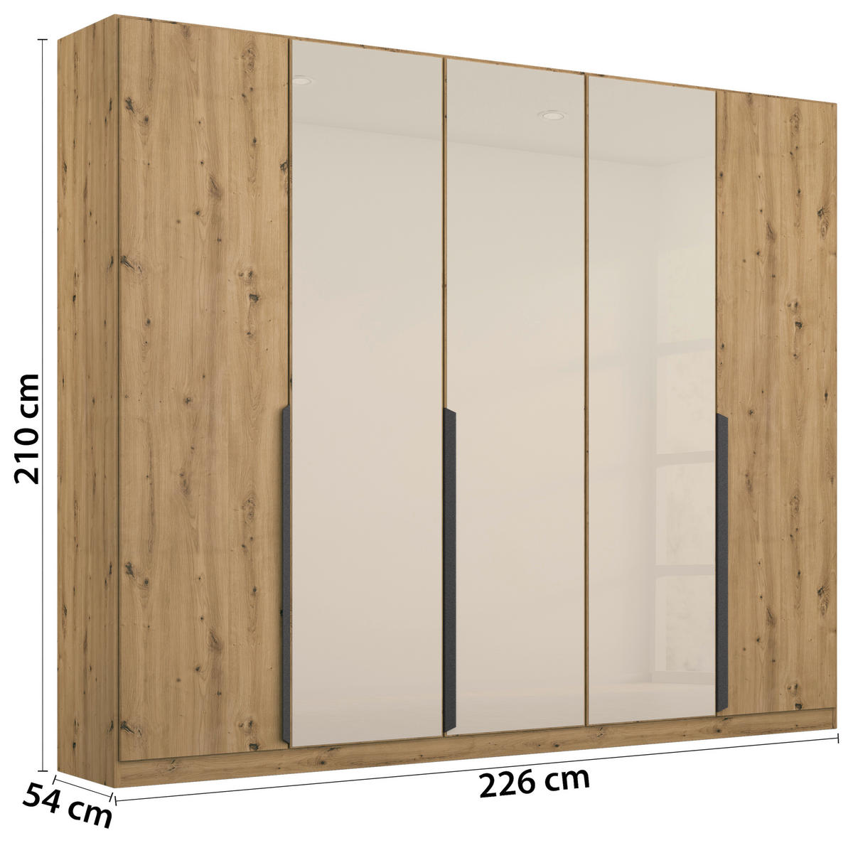 DREHTÜRENSCHRANK in Champagner, Eiche Artisan  - Champagner/Eiche Artisan, Modern, Glas/Holzwerkstoff (225/210/54cm) - Rauch Möbel
