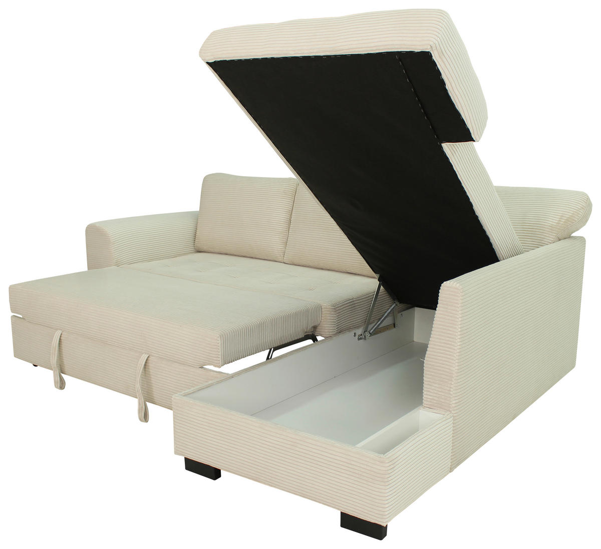 ECKSOFA JOHN Creme Cord Rückenkissen, Bettkasten, Liegefläche im Originalstoff  - Creme/Schwarz, Trend, Kunststoff/Textil (239/178cm) - P & B