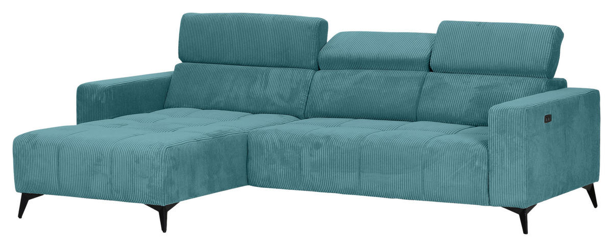 ECKSOFA Petrol Cord Rücken echt, Kopfteilverstellung, Sitzvorzug  - Petrol/Schwarz, KONVENTIONELL, Textil/Metall (170/257cm) - Carryhome