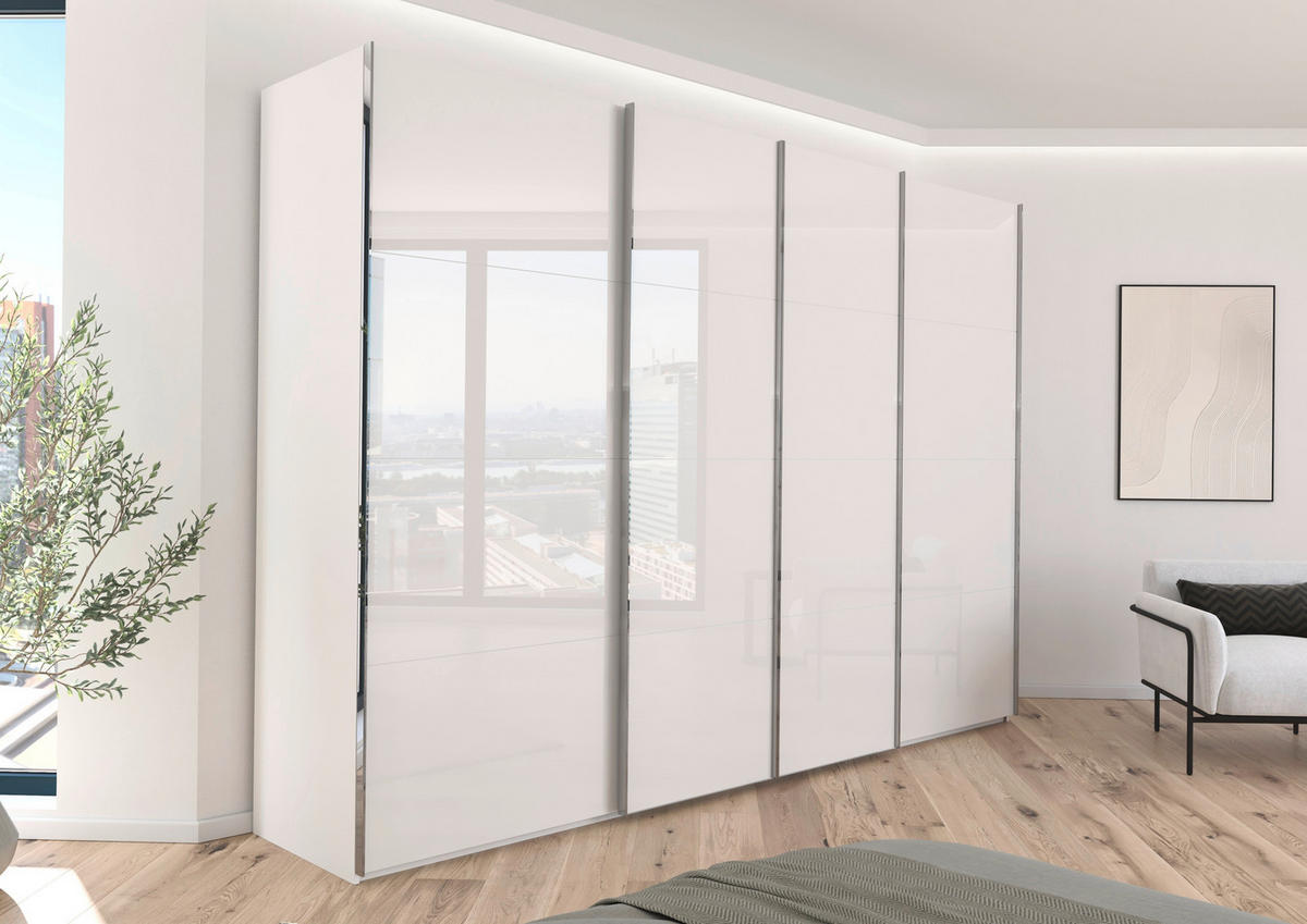 SCHWEBETÜRENSCHRANK 316/235/68 cm 4-türig Weiß  - Chromfarben/Weiß, Design, Glas/Holzwerkstoff (316/235/68cm) - Novel