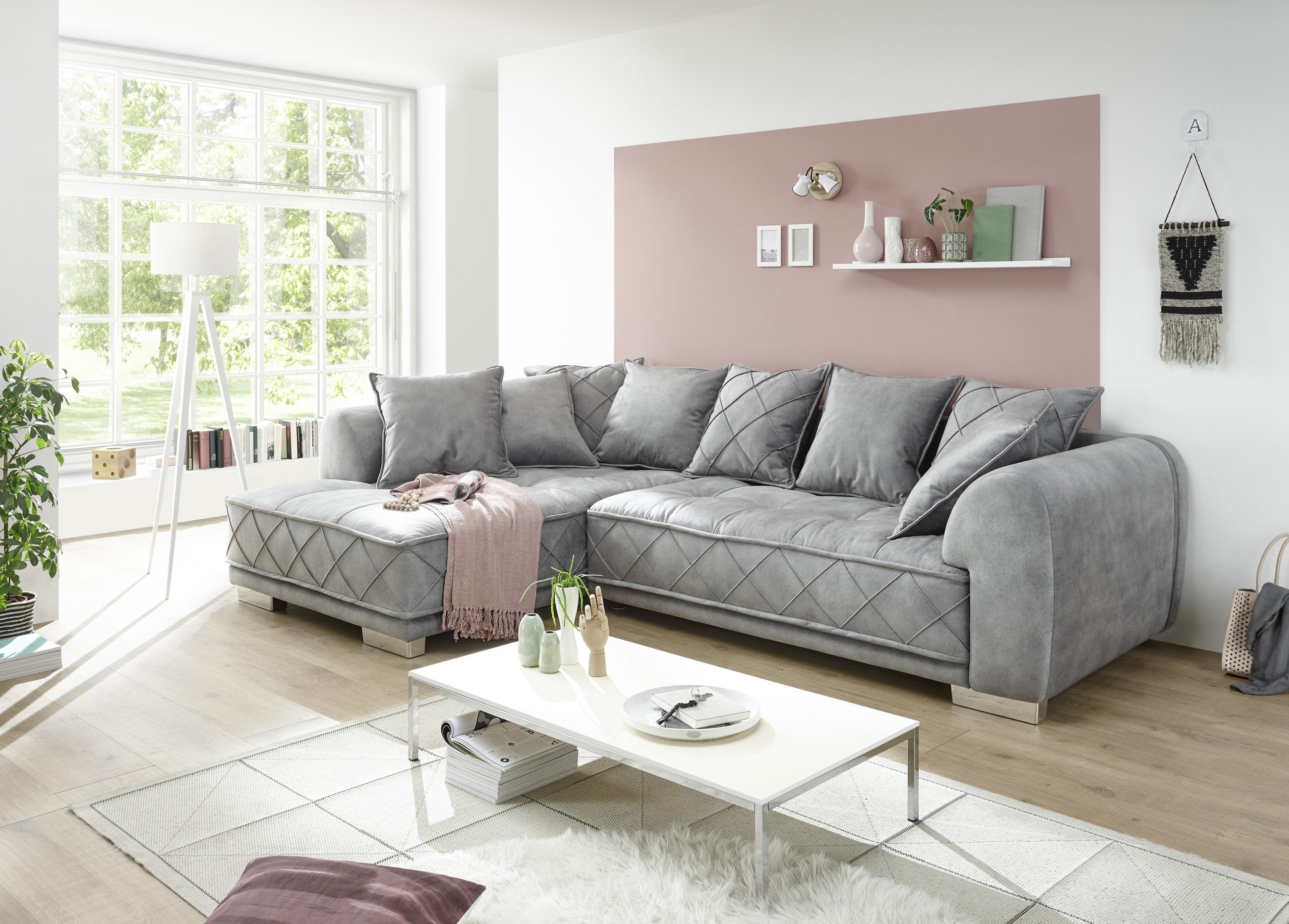 ECKSOFA Grau Mikrovelours  - Silberfarben/Grau, Basics, Kunststoff/Textil (319/194cm) - MID.YOU